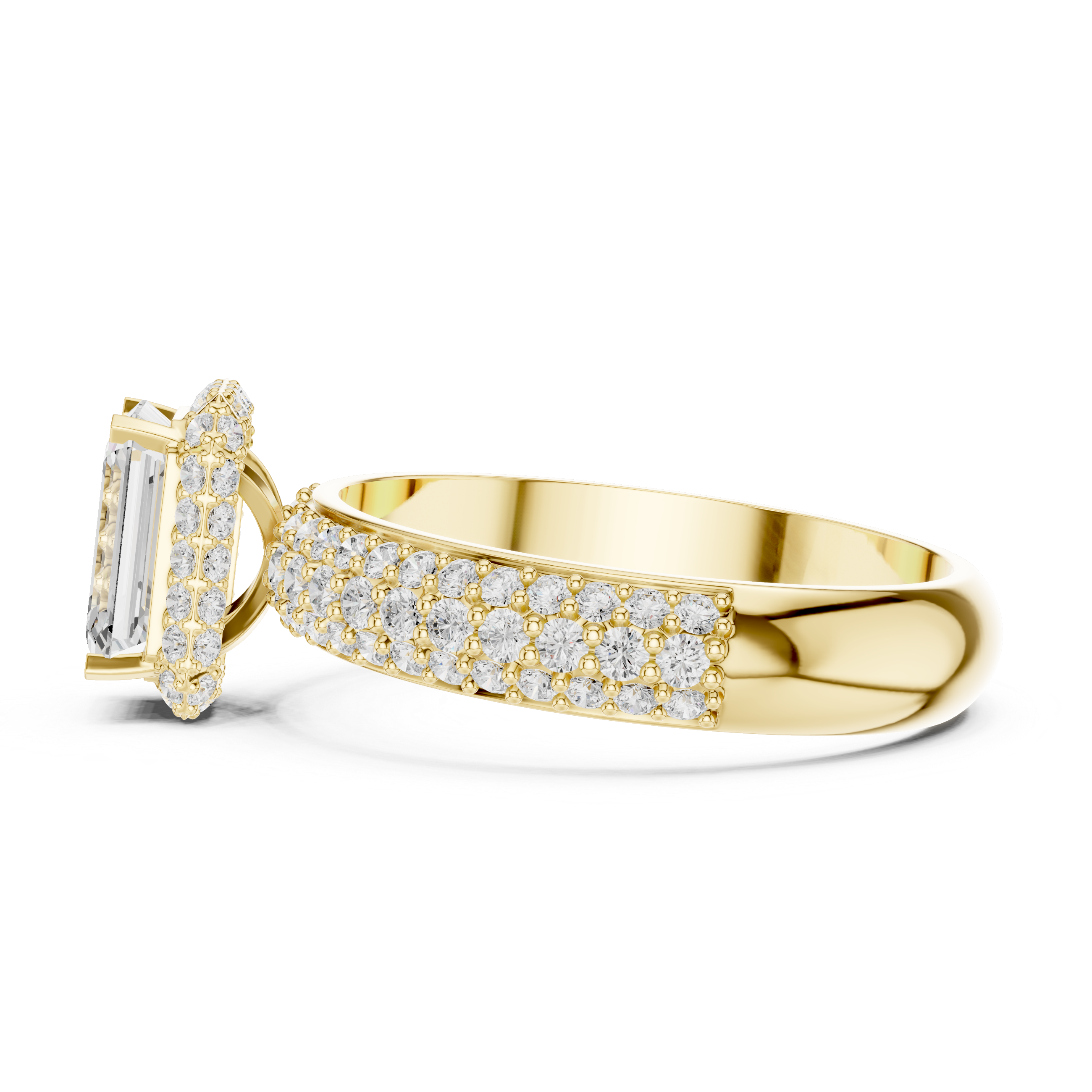 Emerald Cut Halo Engagement Ring with Triple Pavé Diamond Band