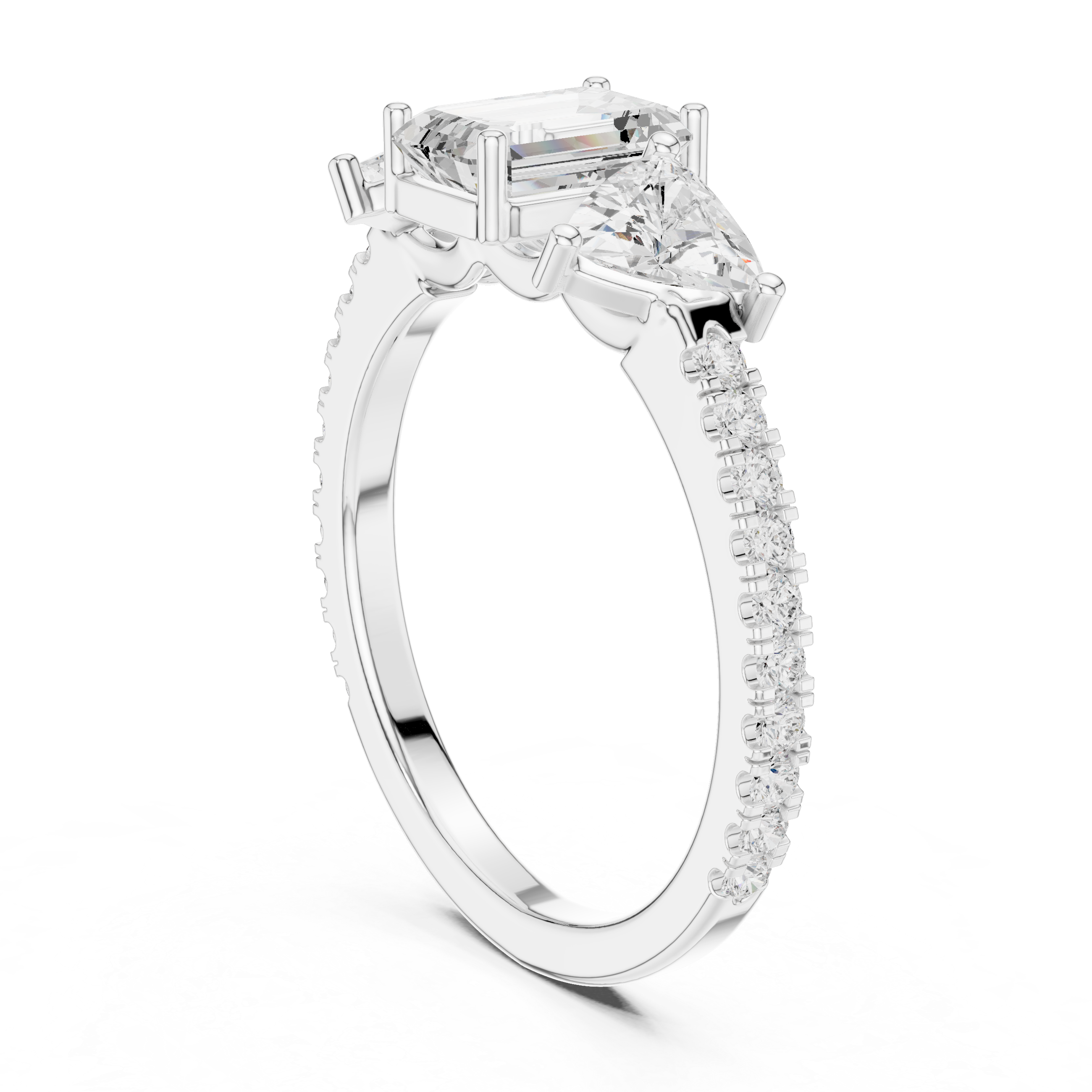 Emerald Cut & Trillion Side Stone Three Stone Engagement Ring