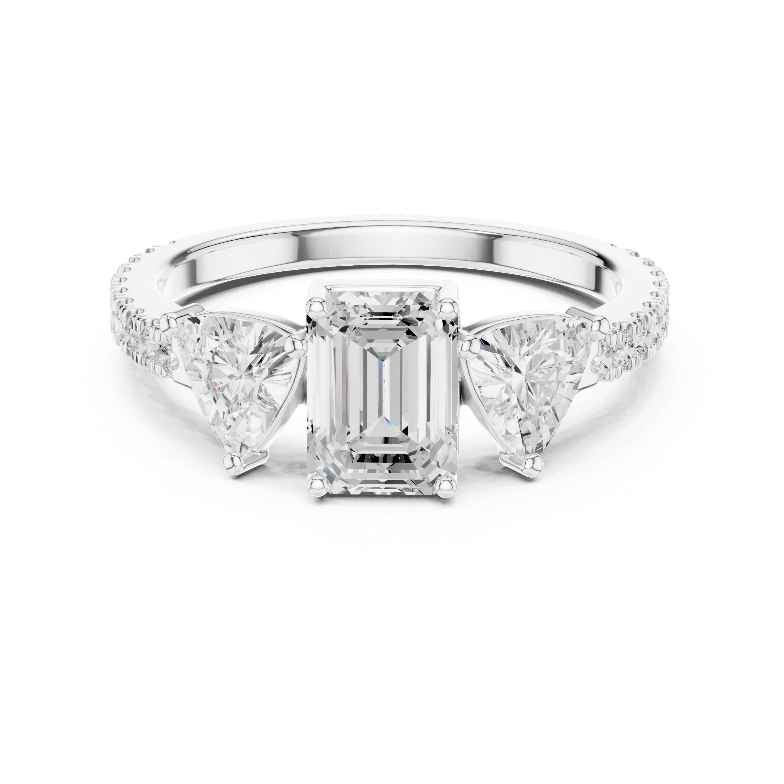 Emerald Cut & Trillion Side Stone Three Stone Engagement Ring