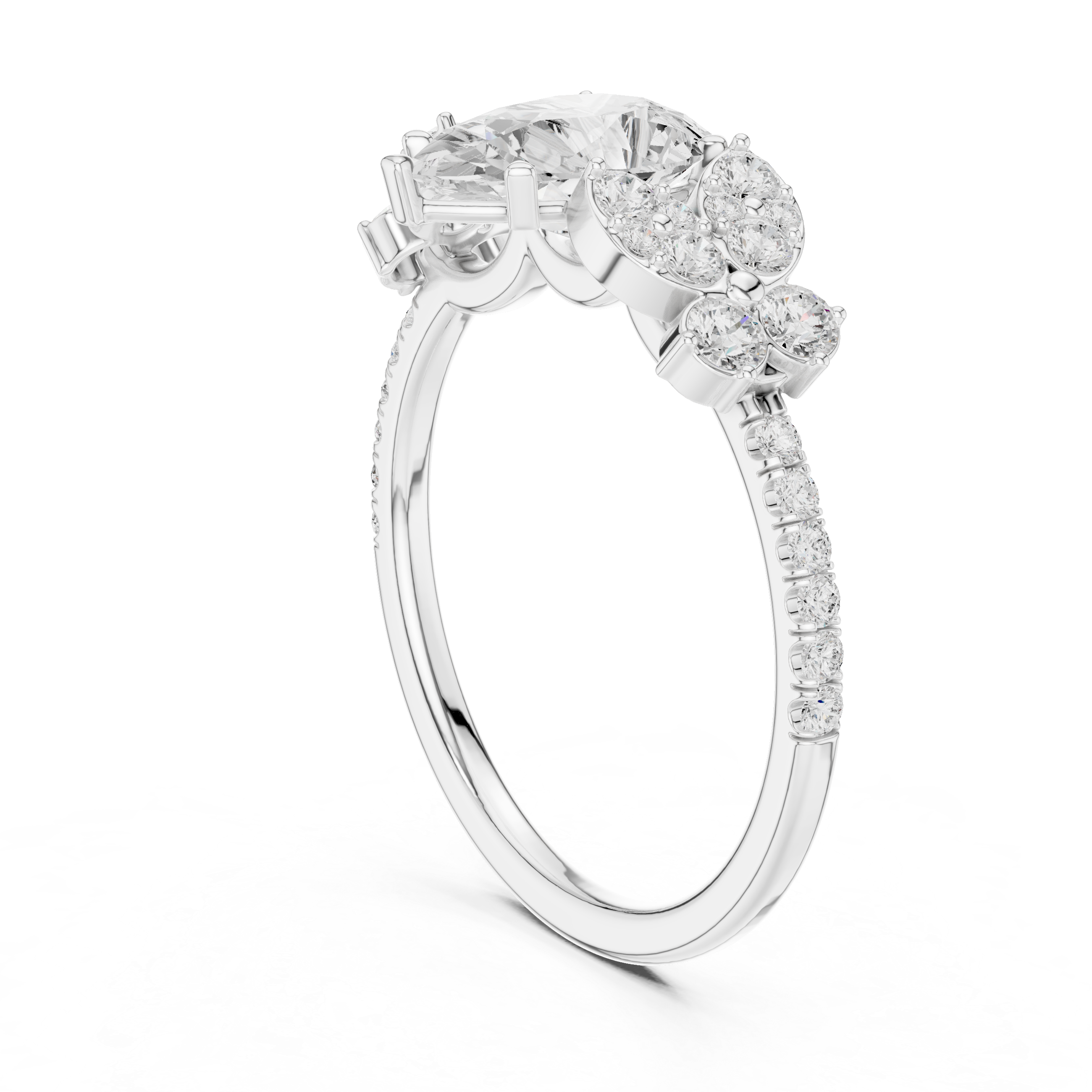Vintage-Inspired Pear Engagement Ring with Floral Diamond Clusters