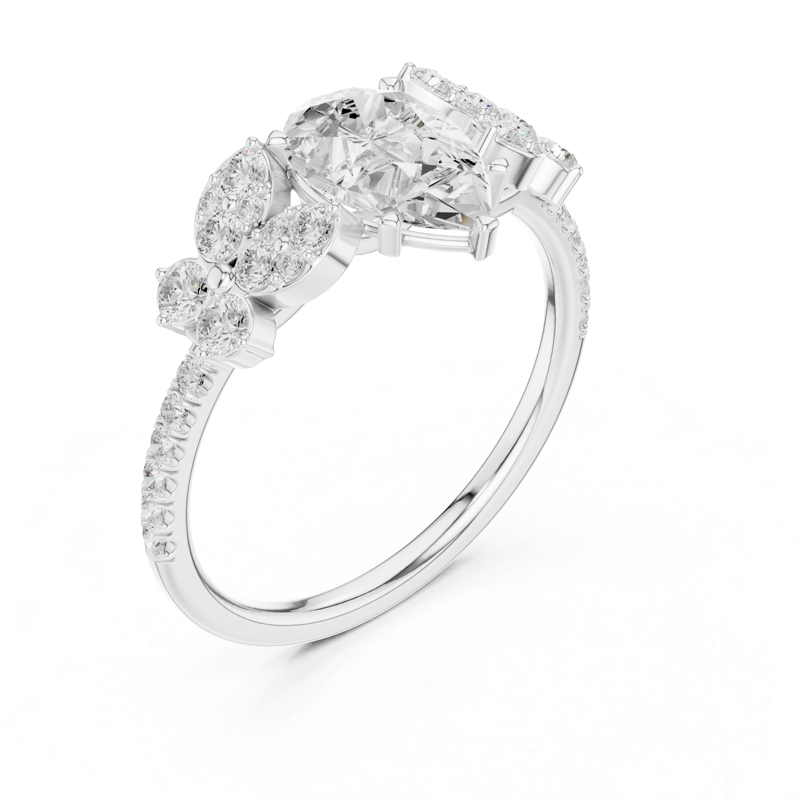 Vintage-Inspired Pear Engagement Ring with Floral Diamond Clusters