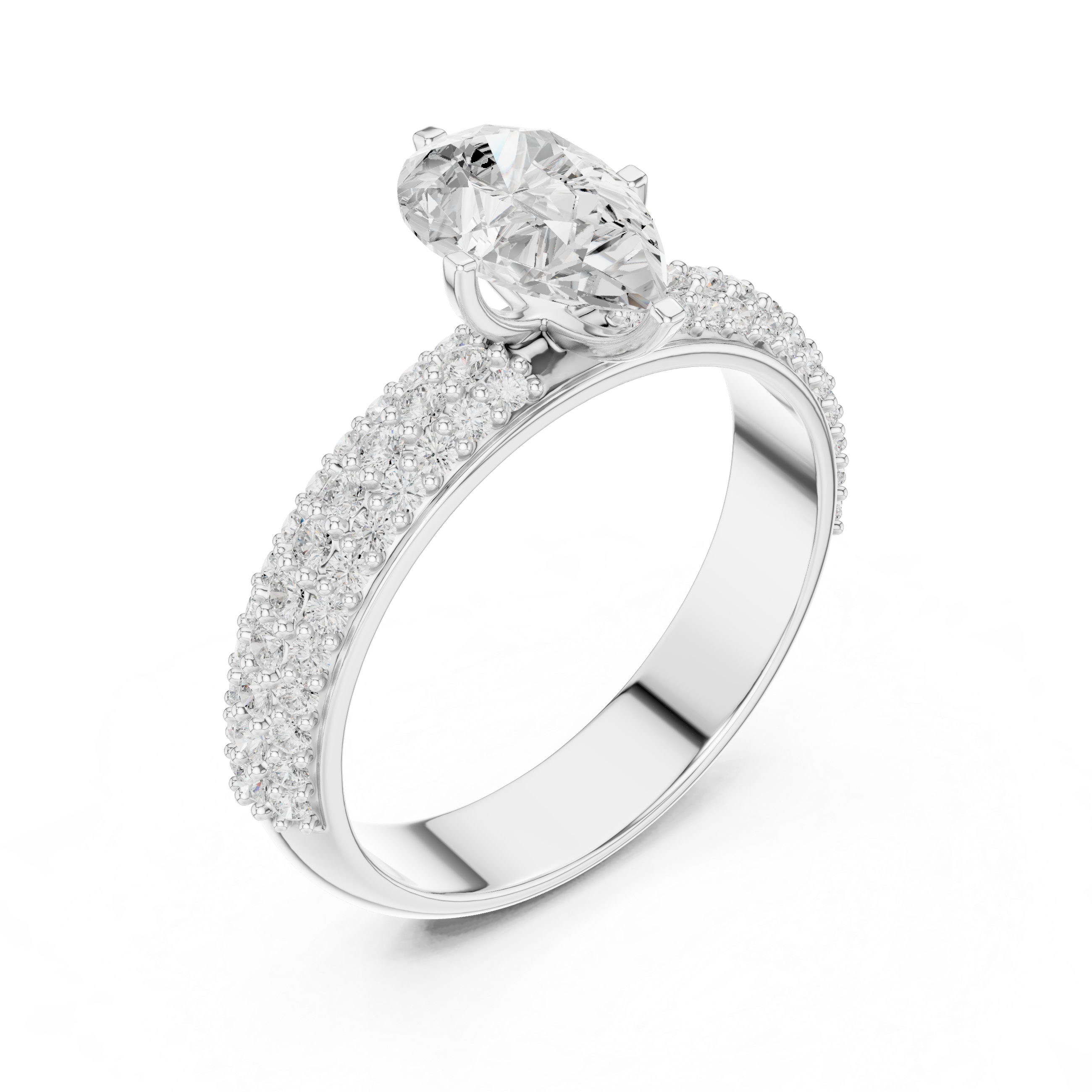 Pear Cut Engagement Ring with Triple Row Pavé Diamond Band