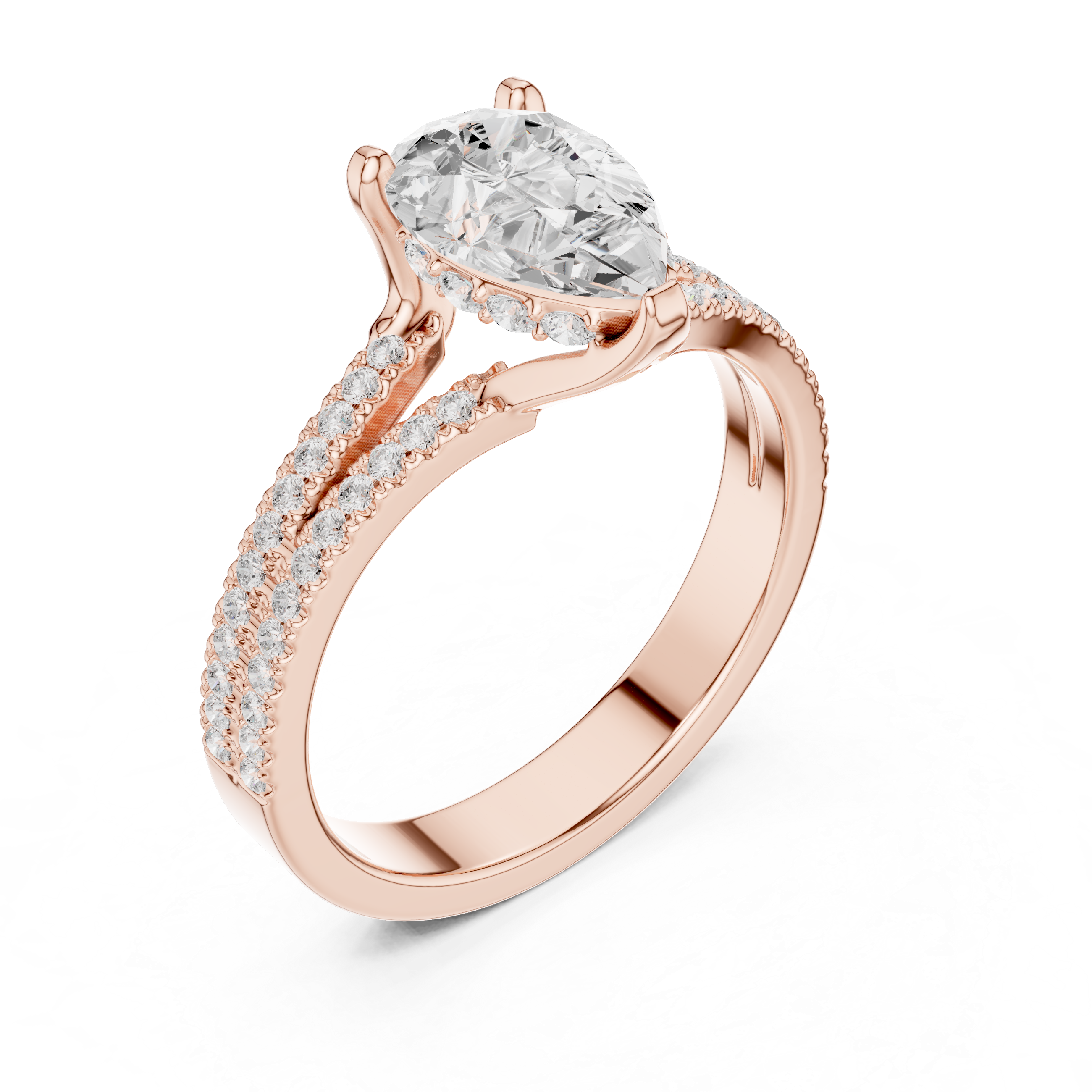 Pear Cut Split Shank Engagement Ring with Double Pavé Diamond Band