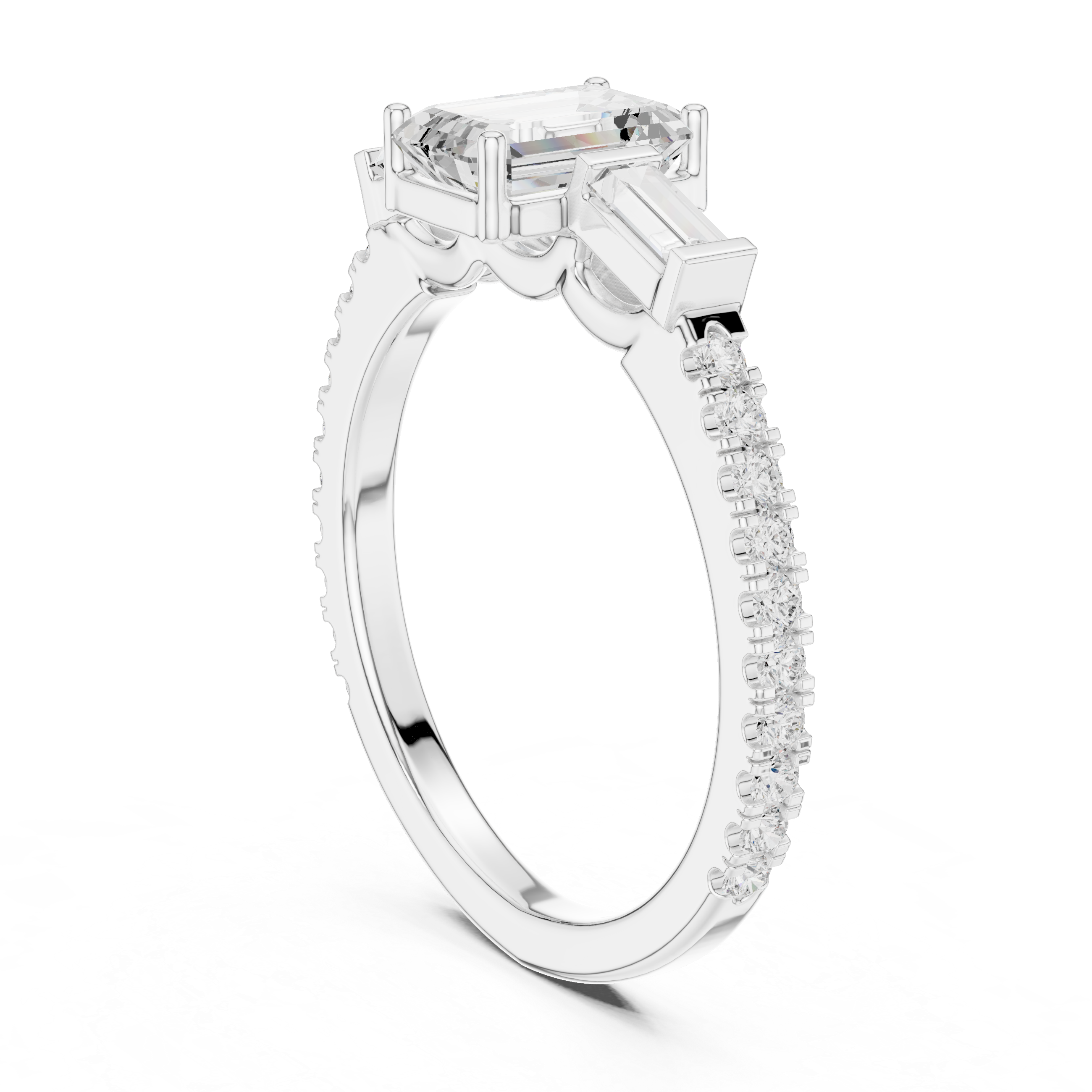 Emerald Cut Three-Stone Engagement Ring with Tapered Baguette Diamonds