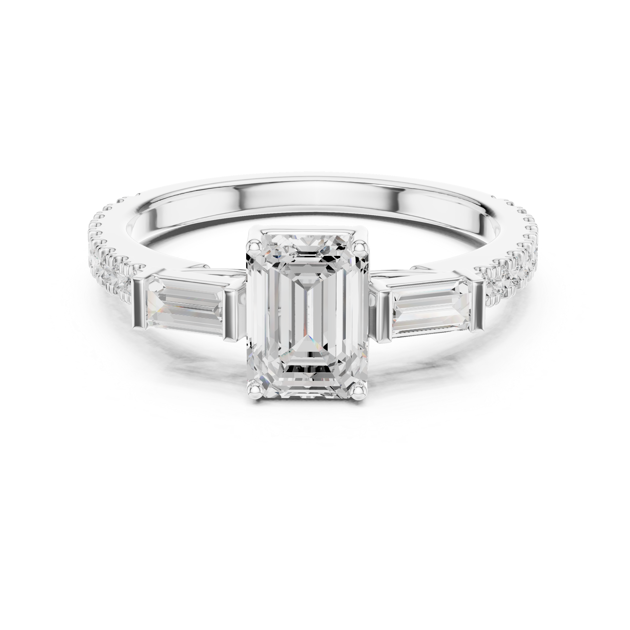 Emerald Cut Three-Stone Engagement Ring with Tapered Baguette Diamonds