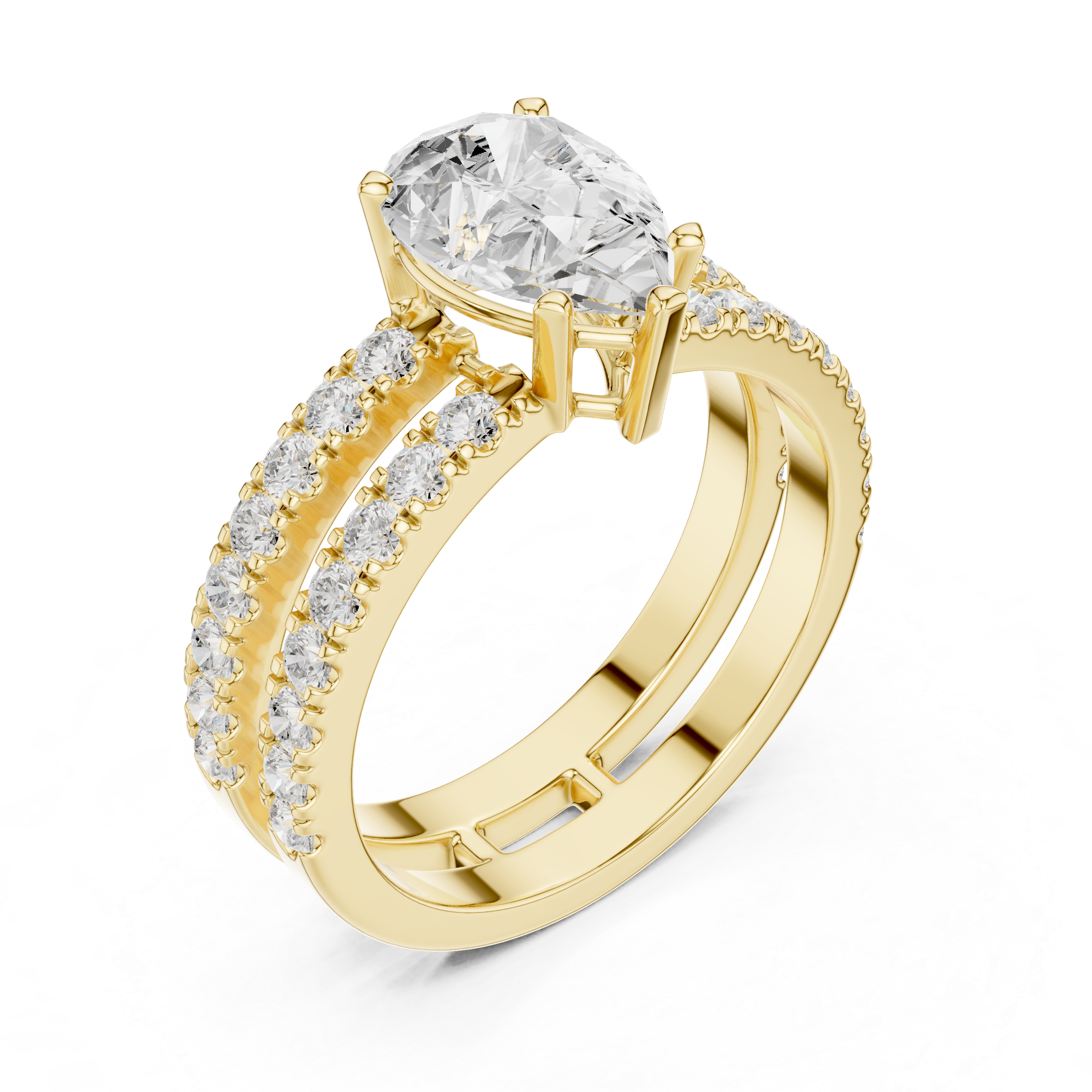Double Pavé Pear Cut Engagement Ring with Split Shank Diamond Band
