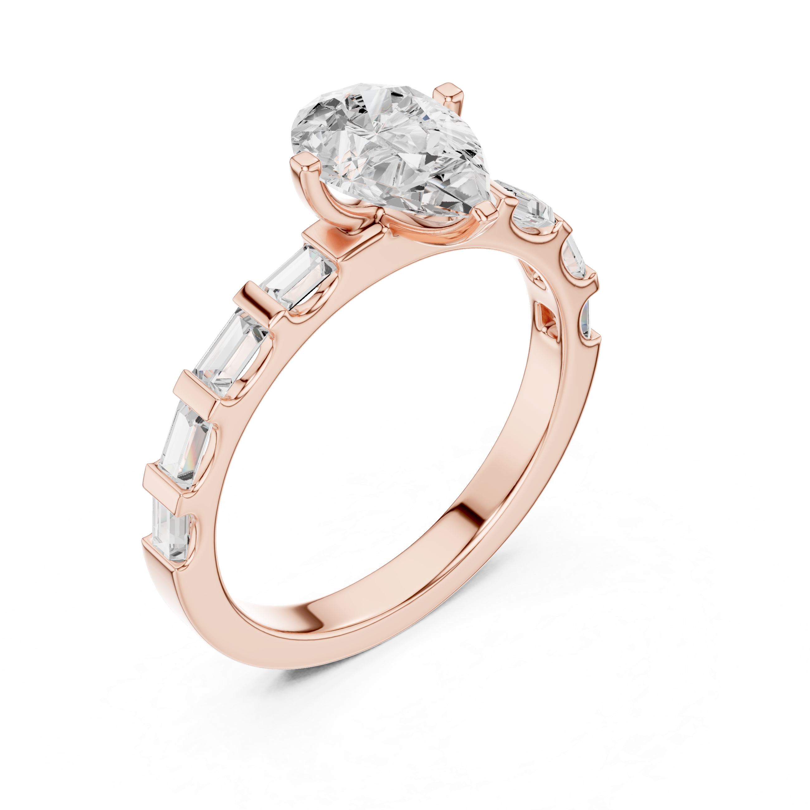 Pear Cut Solitaire Engagement Ring with Baguette Diamond Band
