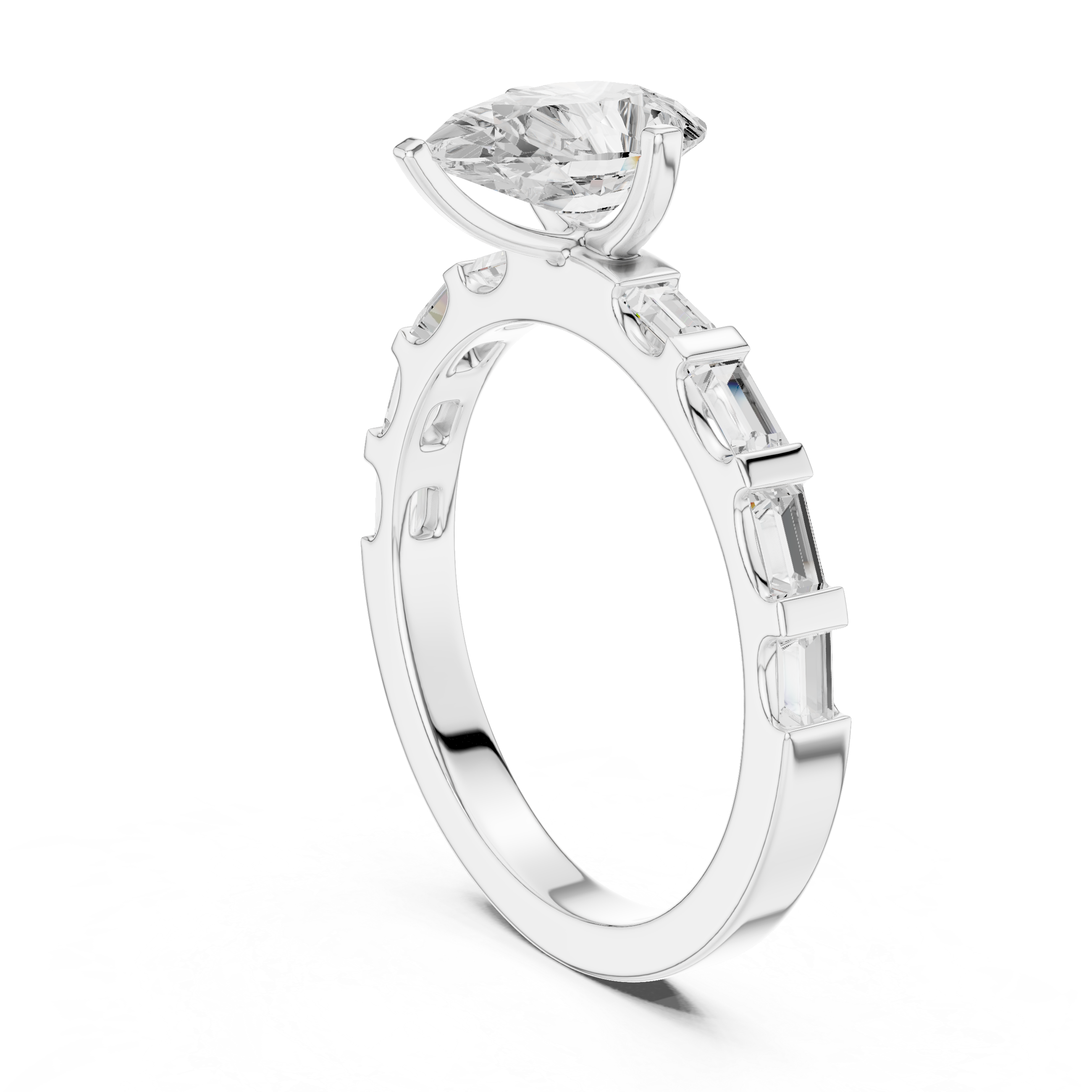 Pear Cut Solitaire Engagement Ring with Baguette Diamond Band
