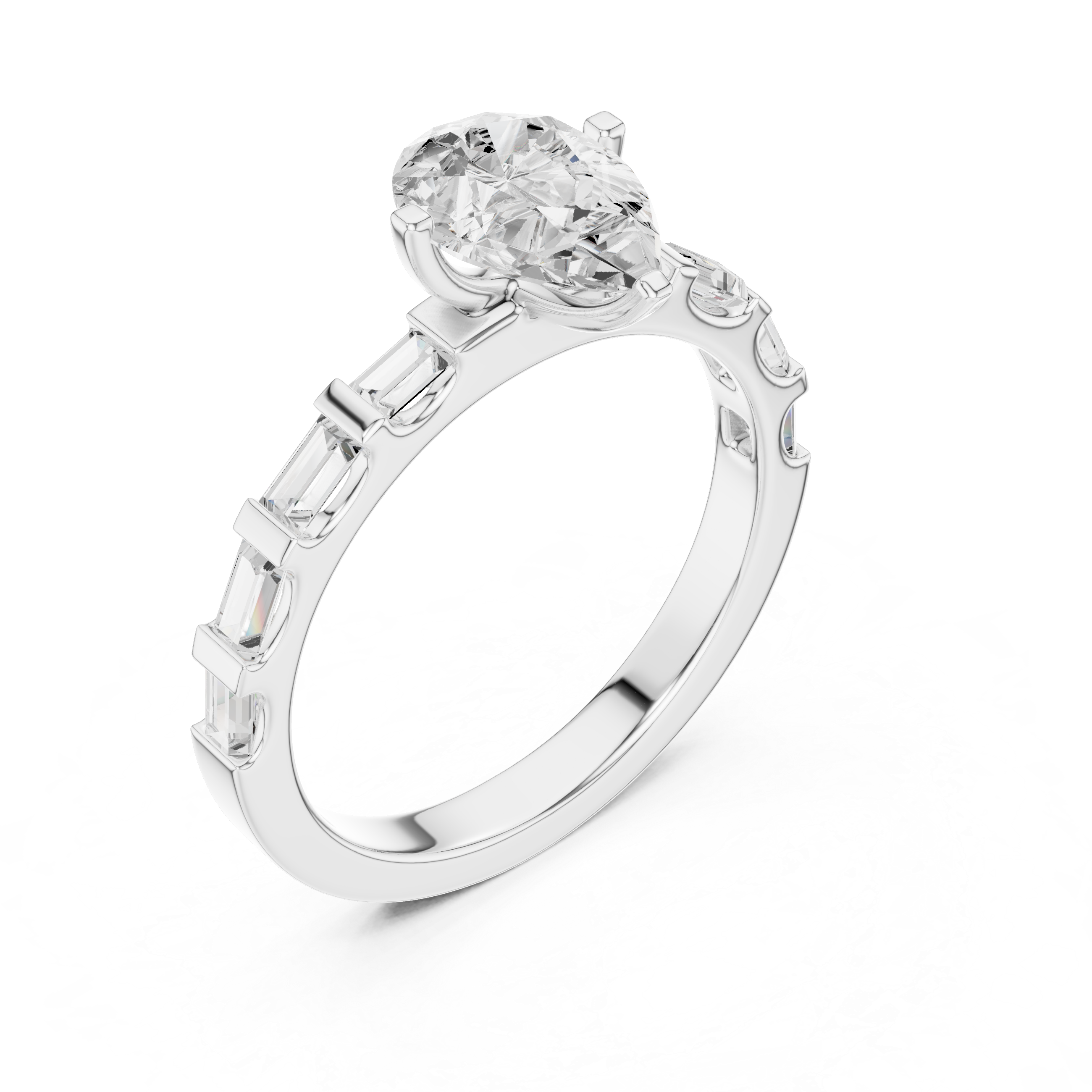 Pear Cut Solitaire Engagement Ring with Baguette Diamond Band