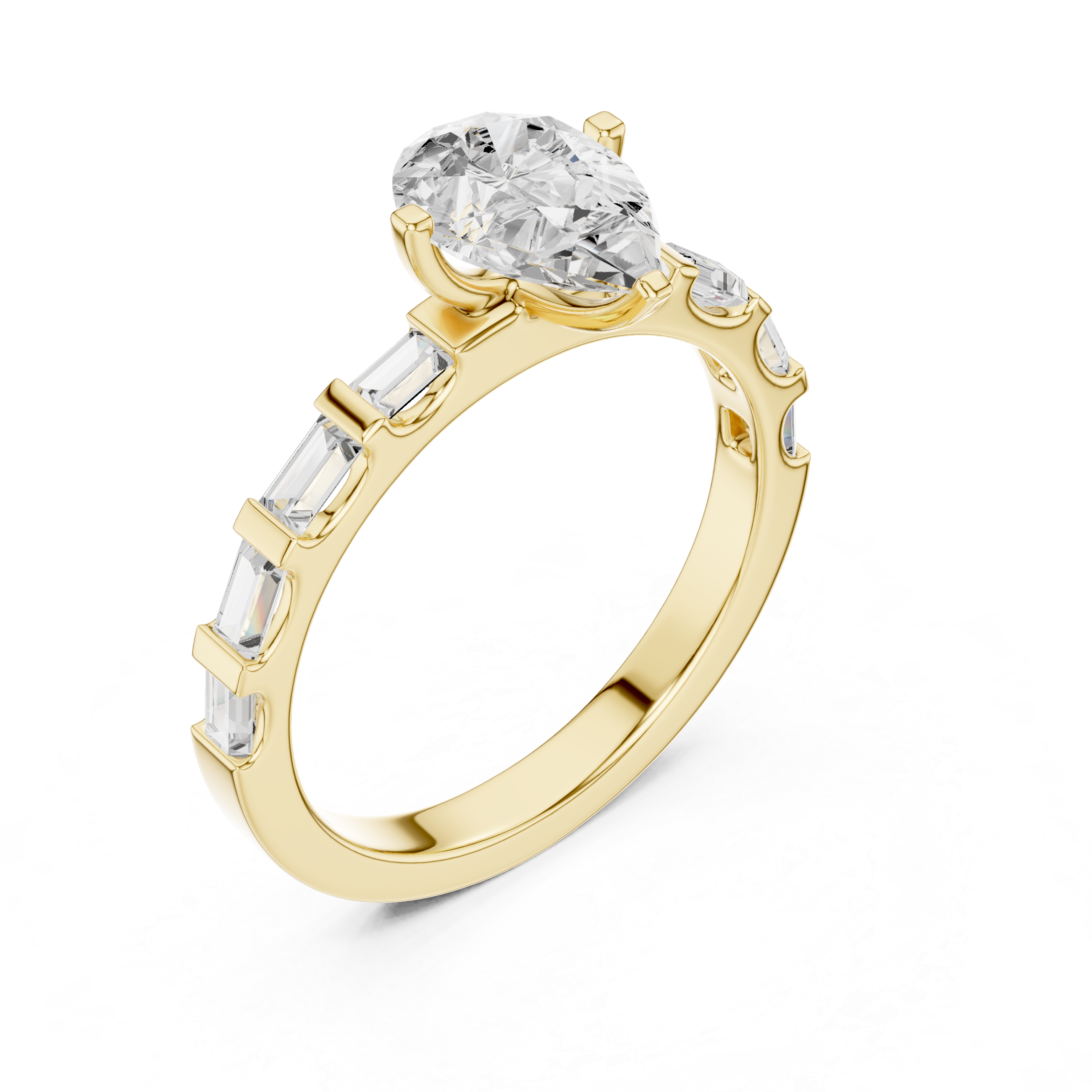 Pear Cut Solitaire Engagement Ring with Baguette Diamond Band