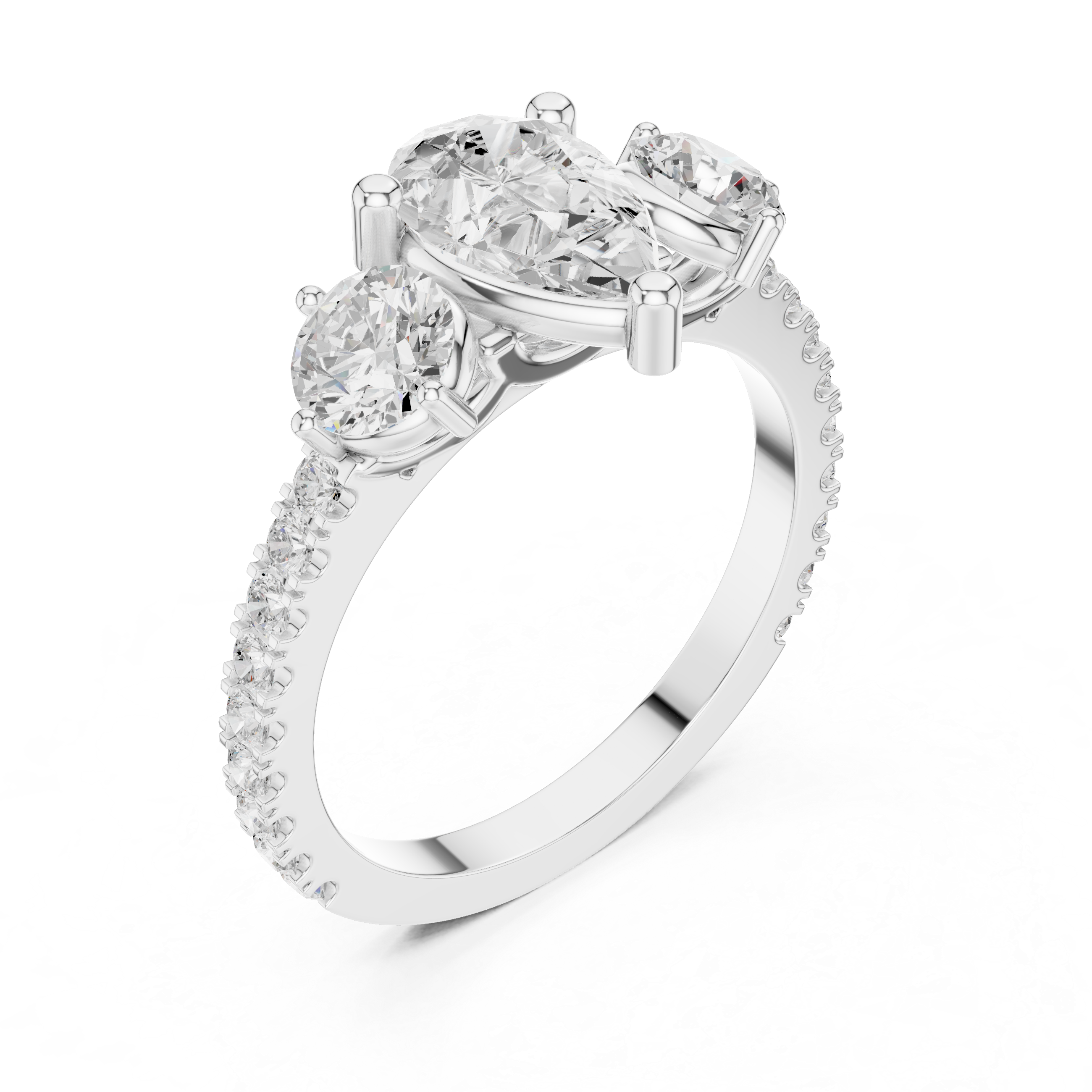 Pear Cut Three Stone Engagement Ring with Pavé Diamond Band