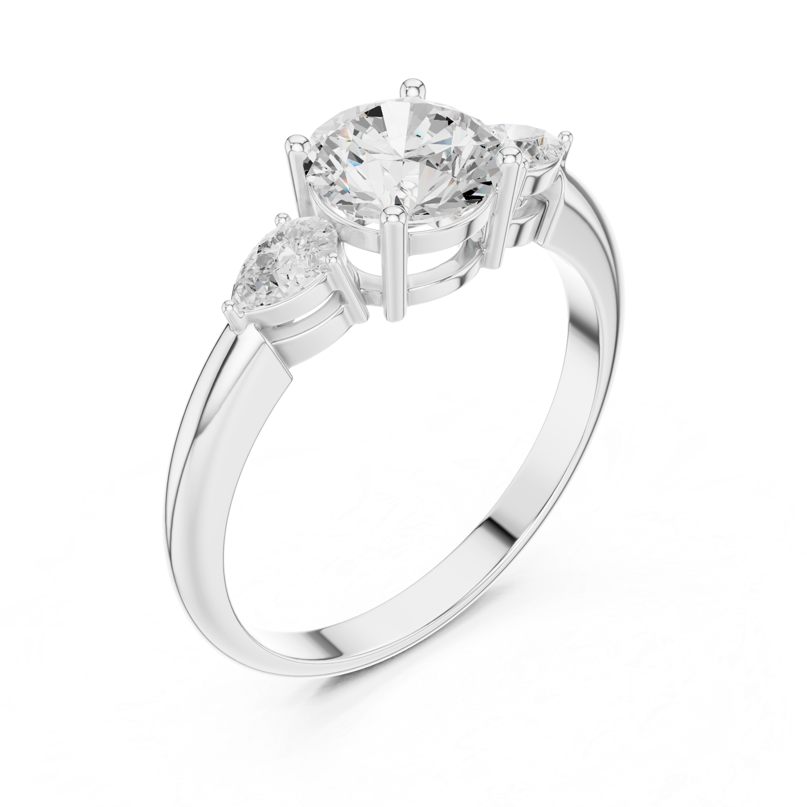 Round Brilliant Three-Stone Engagement Ring with Pear Side Diamonds