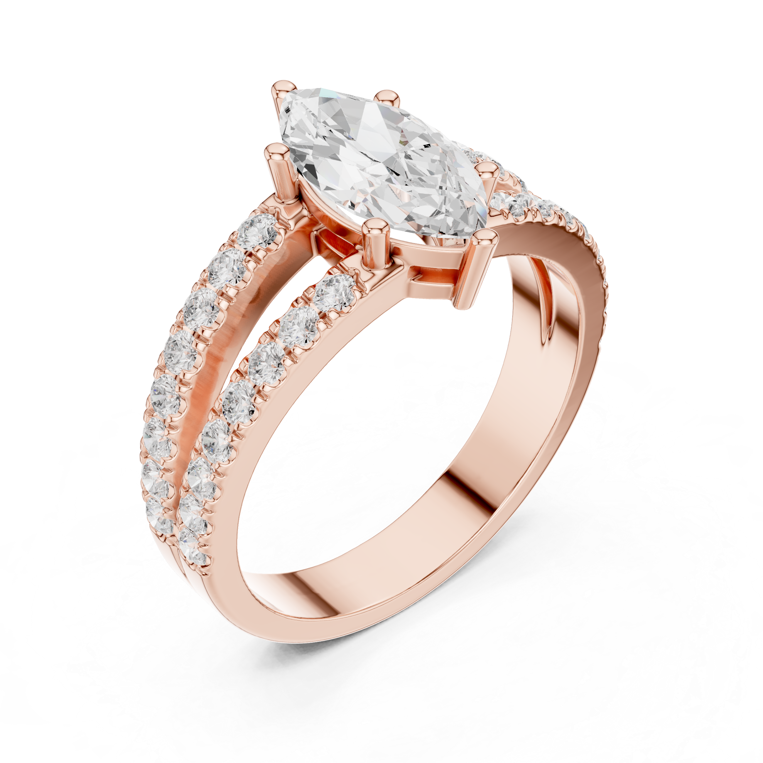 Marquise Cut Diamond Split Shank Engagement Ring with Double Pavé Band