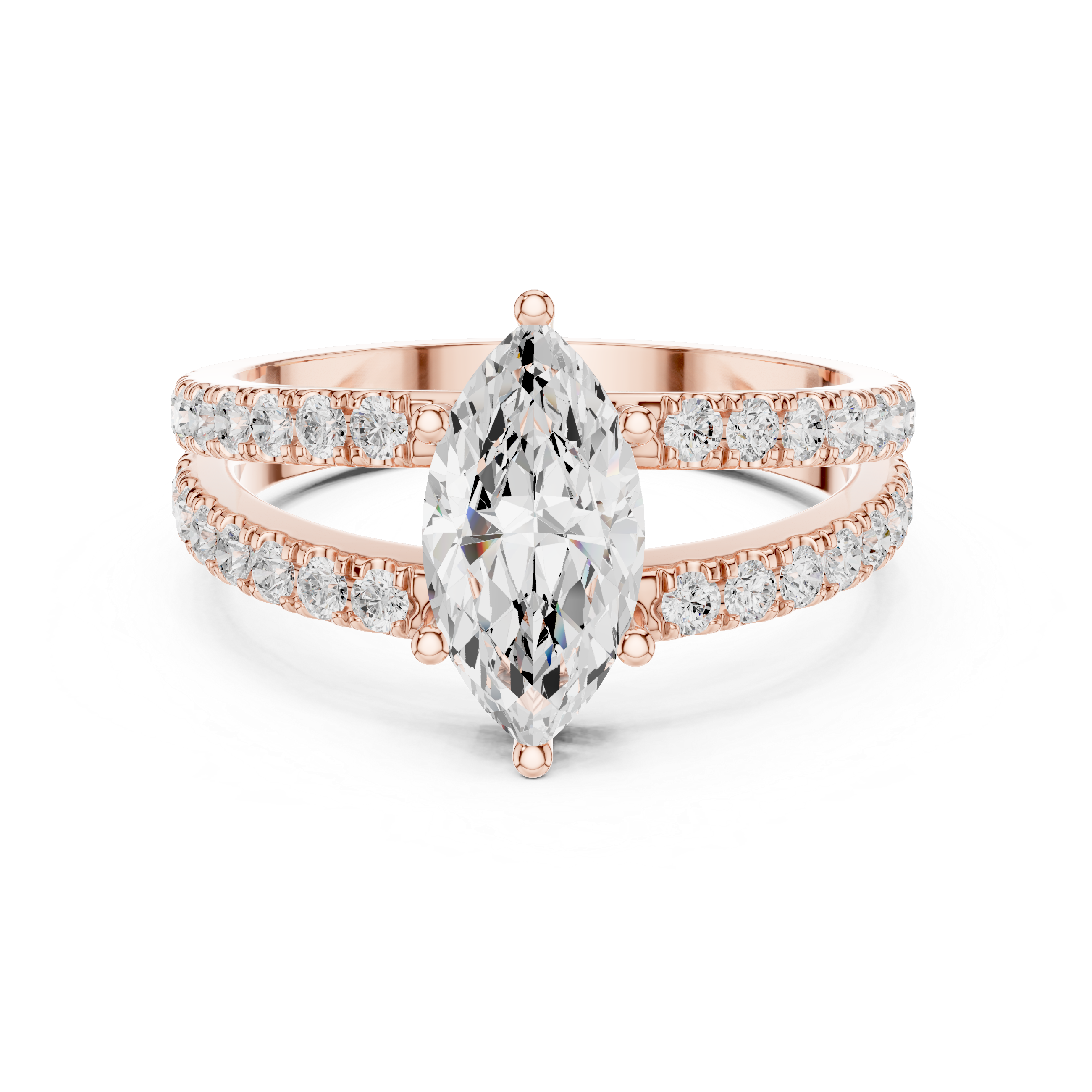 Marquise Cut Diamond Split Shank Engagement Ring with Double Pavé Band