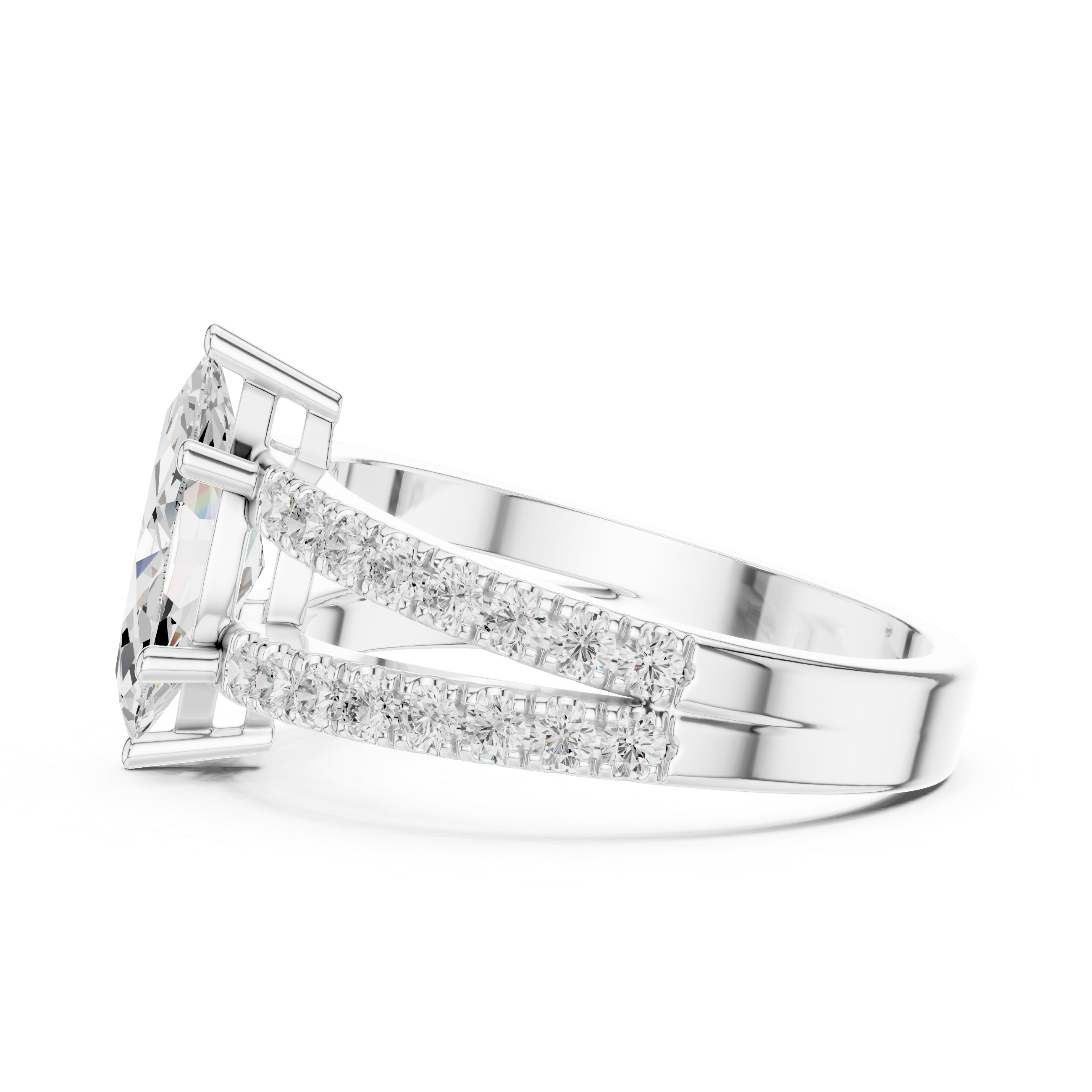 Marquise Cut Diamond Split Shank Engagement Ring with Double Pavé Band