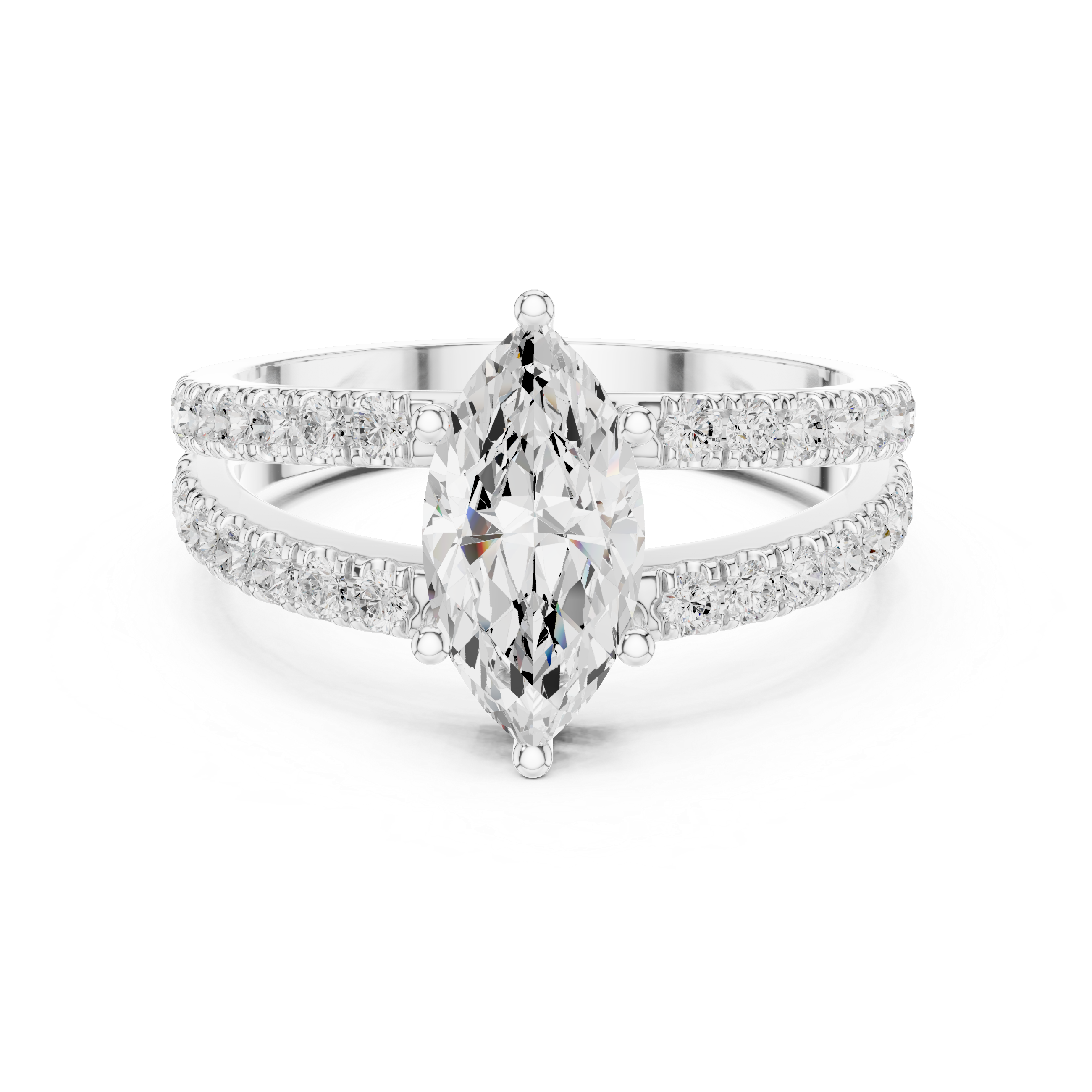 Marquise Cut Diamond Split Shank Engagement Ring with Double Pavé Band