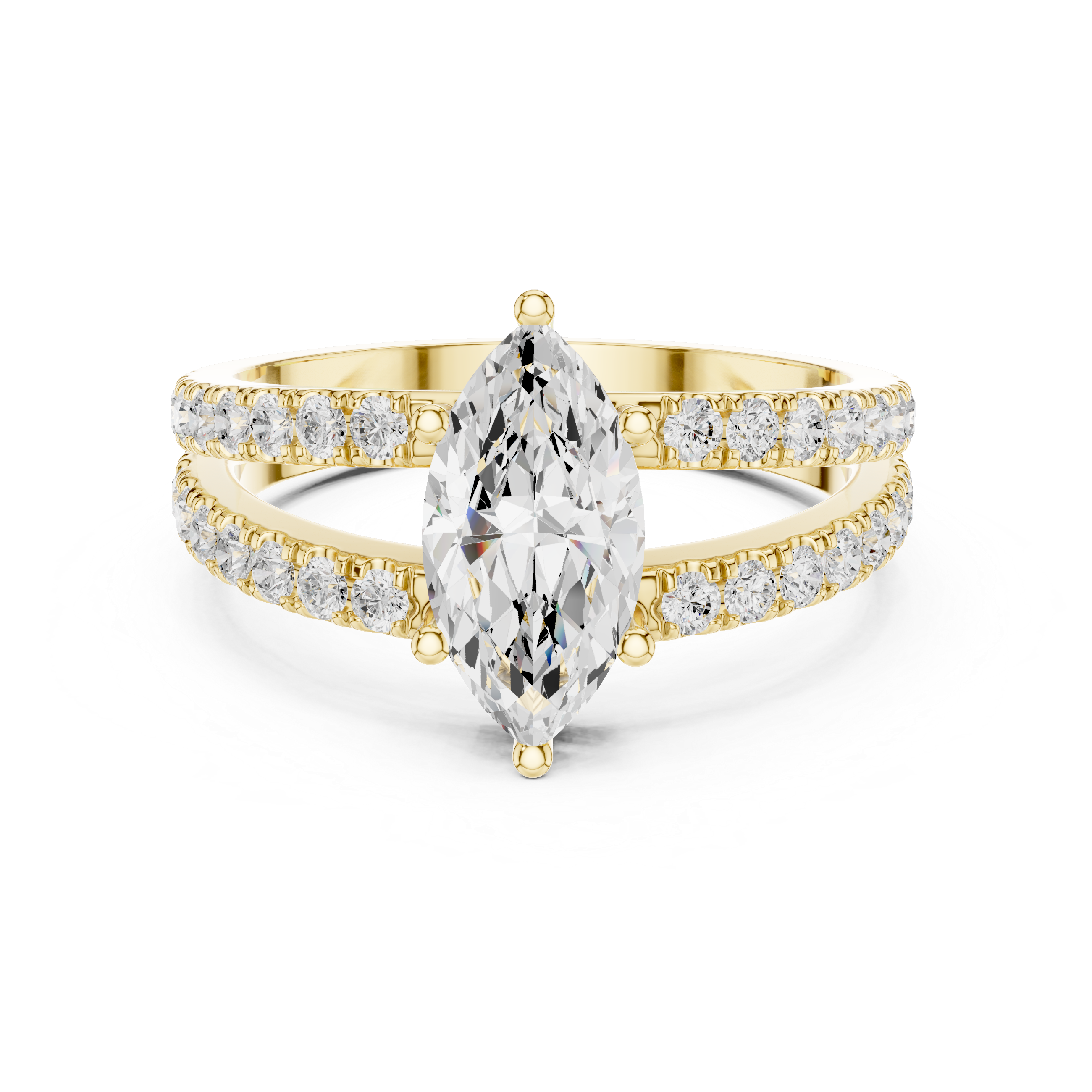 Marquise Cut Diamond Split Shank Engagement Ring with Double Pavé Band
