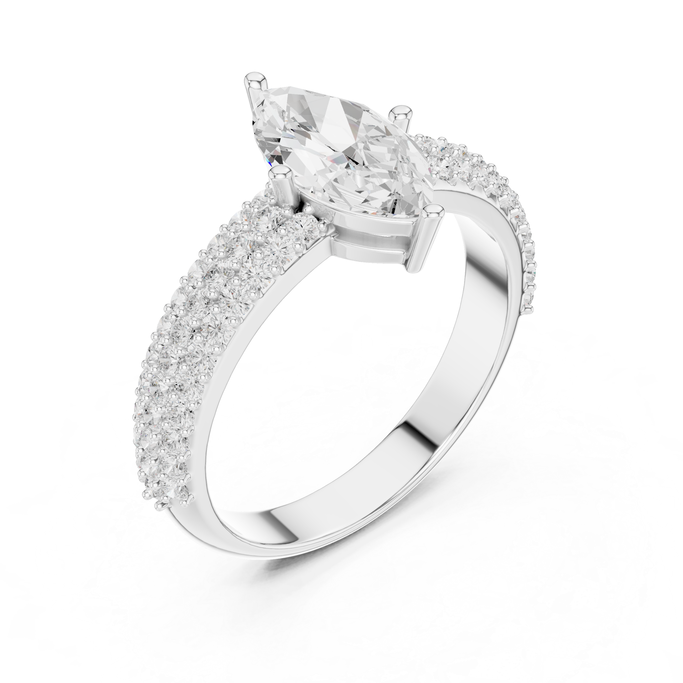 Marquise Cut Diamond Engagement Ring with Triple Pavé Band