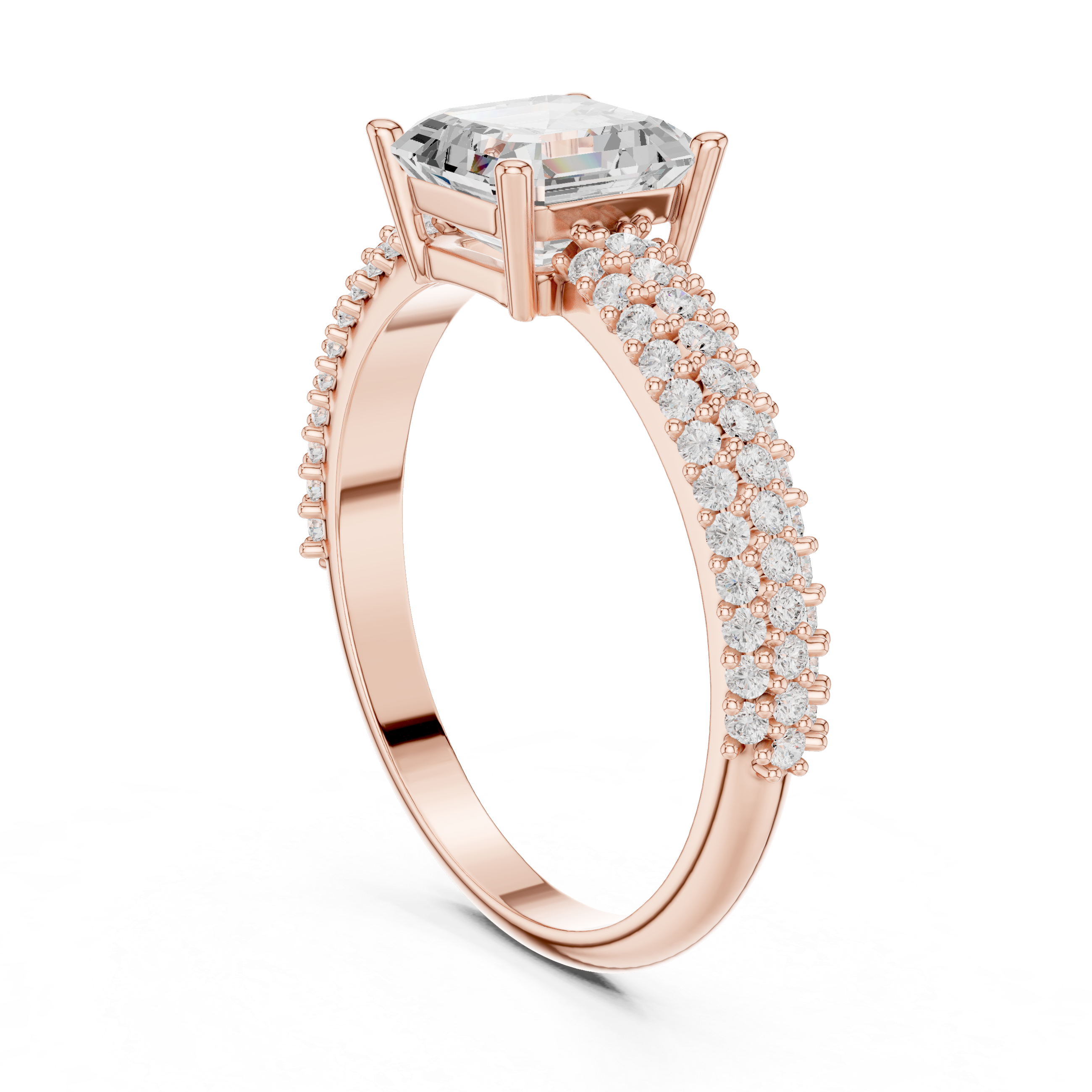 Asscher Cut Diamond Cluster Engagement Ring with Triple Pavé Split Shank