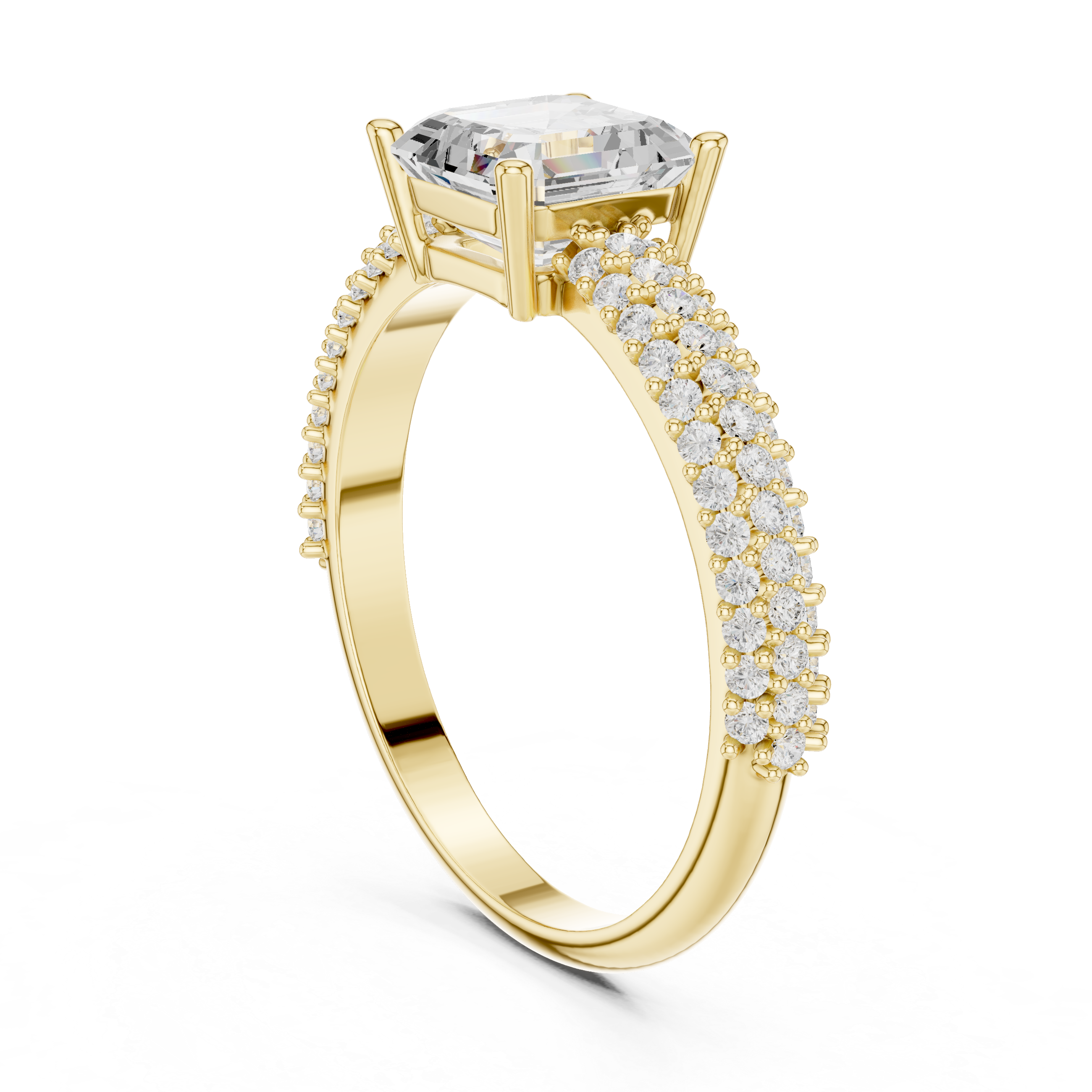 Asscher Cut Diamond Cluster Engagement Ring with Triple Pavé Split Shank