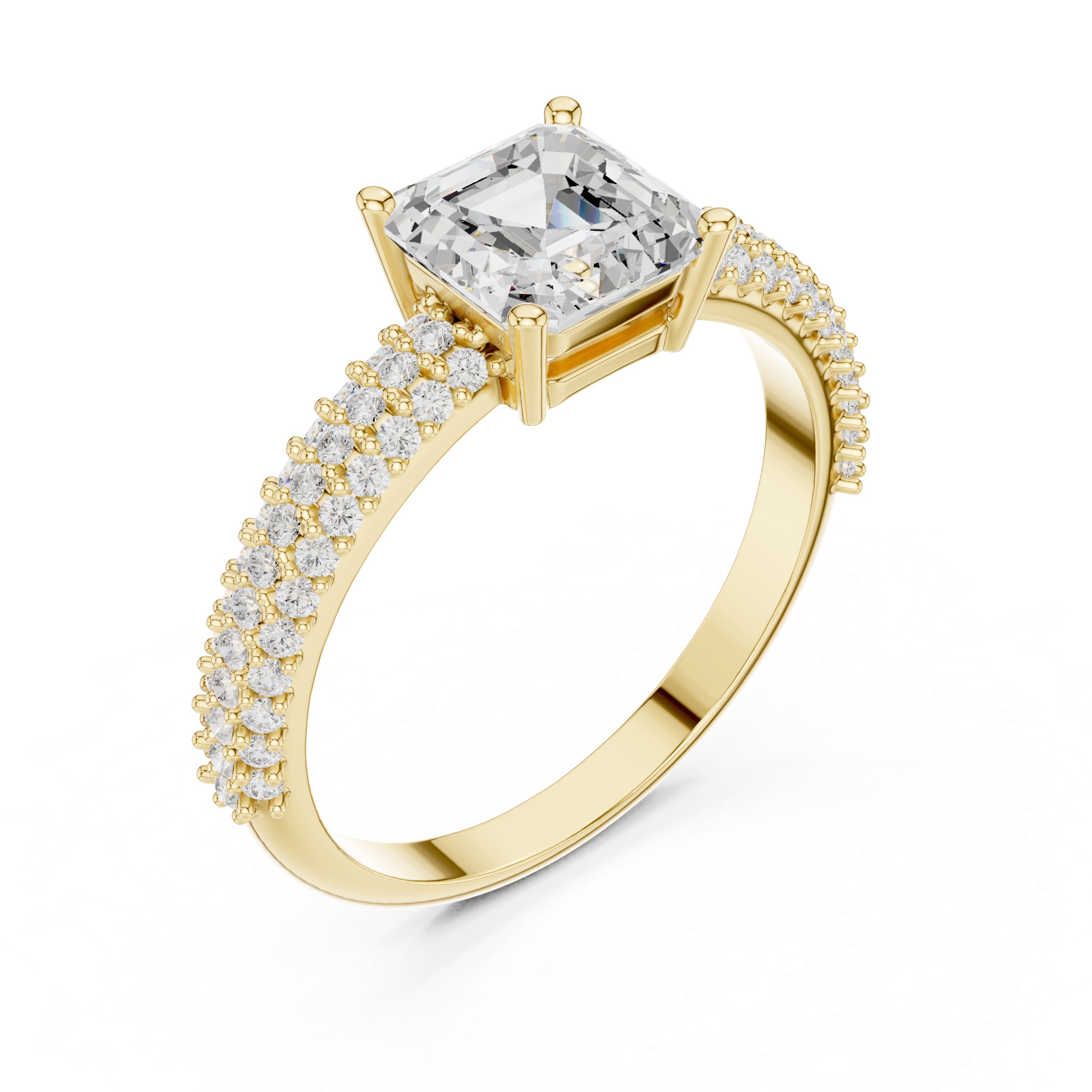 Asscher Cut Diamond Cluster Engagement Ring with Triple Pavé Split Shank