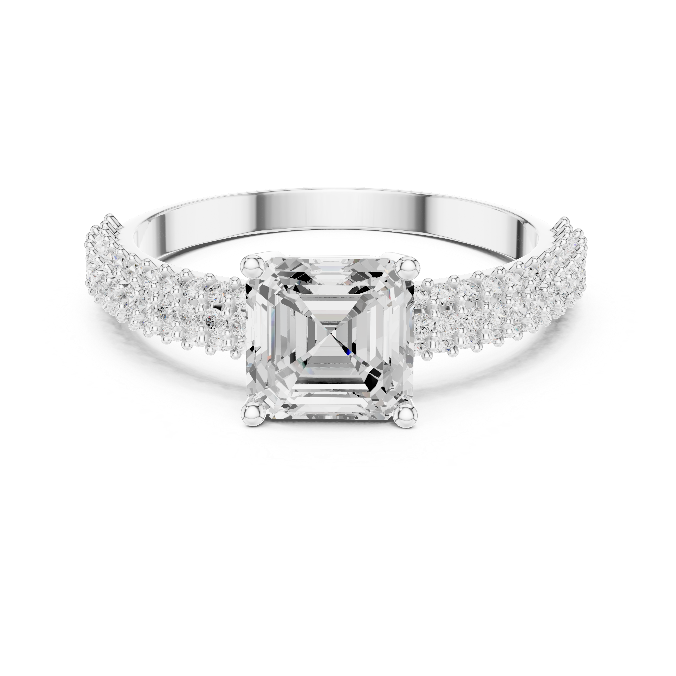 Asscher Cut Diamond Cluster Engagement Ring with Triple Pavé Split Shank