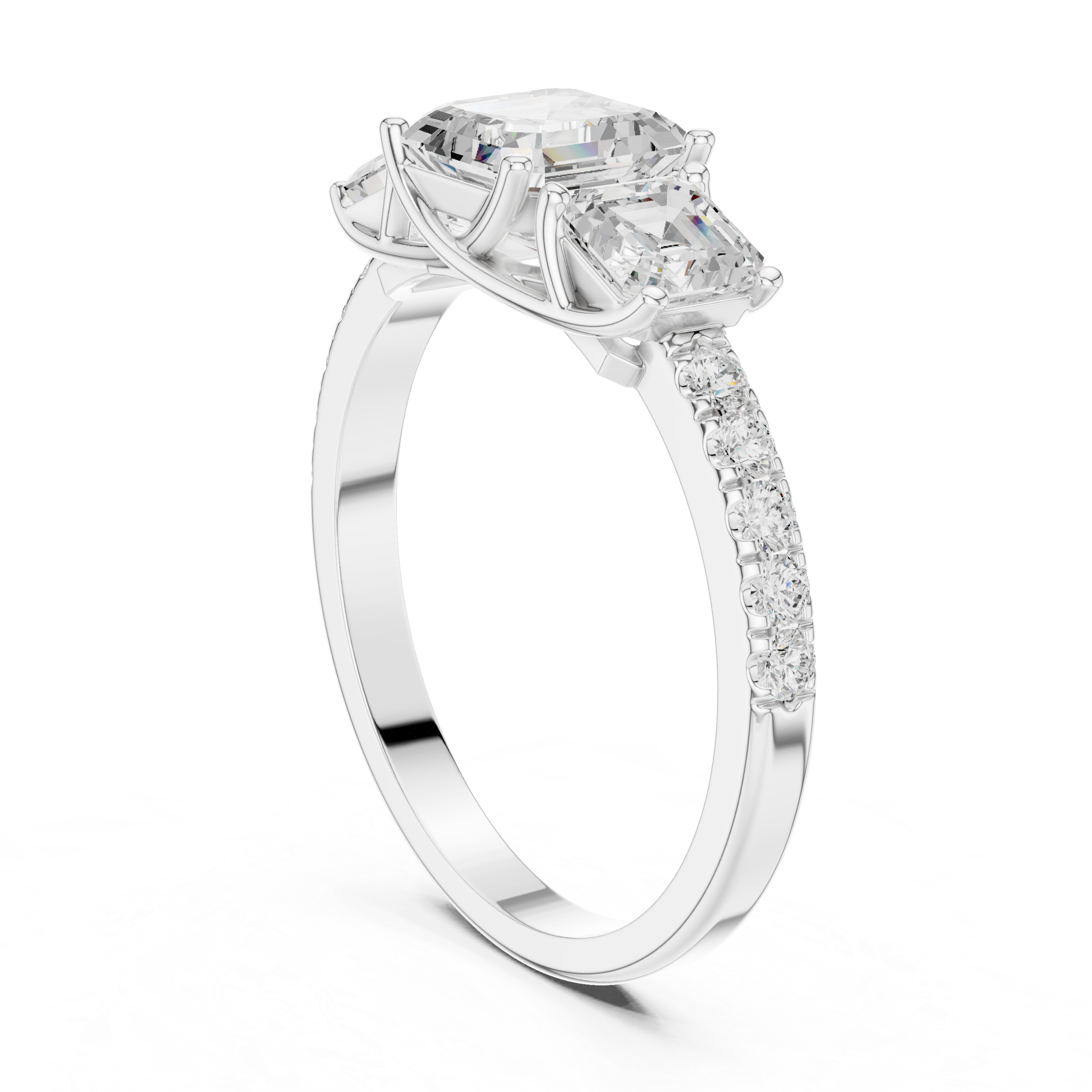 Three Stone Asscher Cut Engagement Ring – Emerald Cut Side Stones with Pavé Diamond Band
