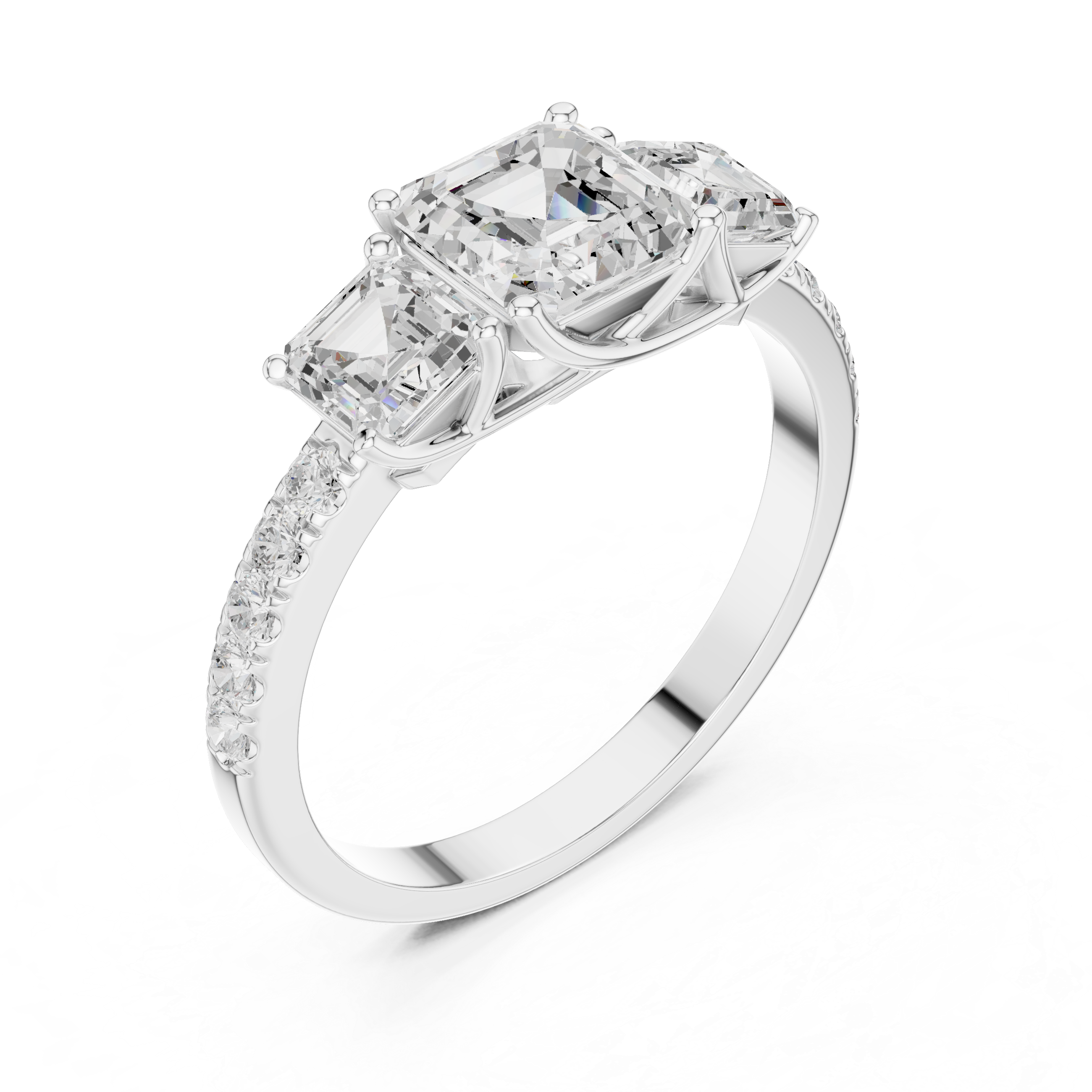 Three Stone Asscher Cut Engagement Ring – Emerald Cut Side Stones with Pavé Diamond Band