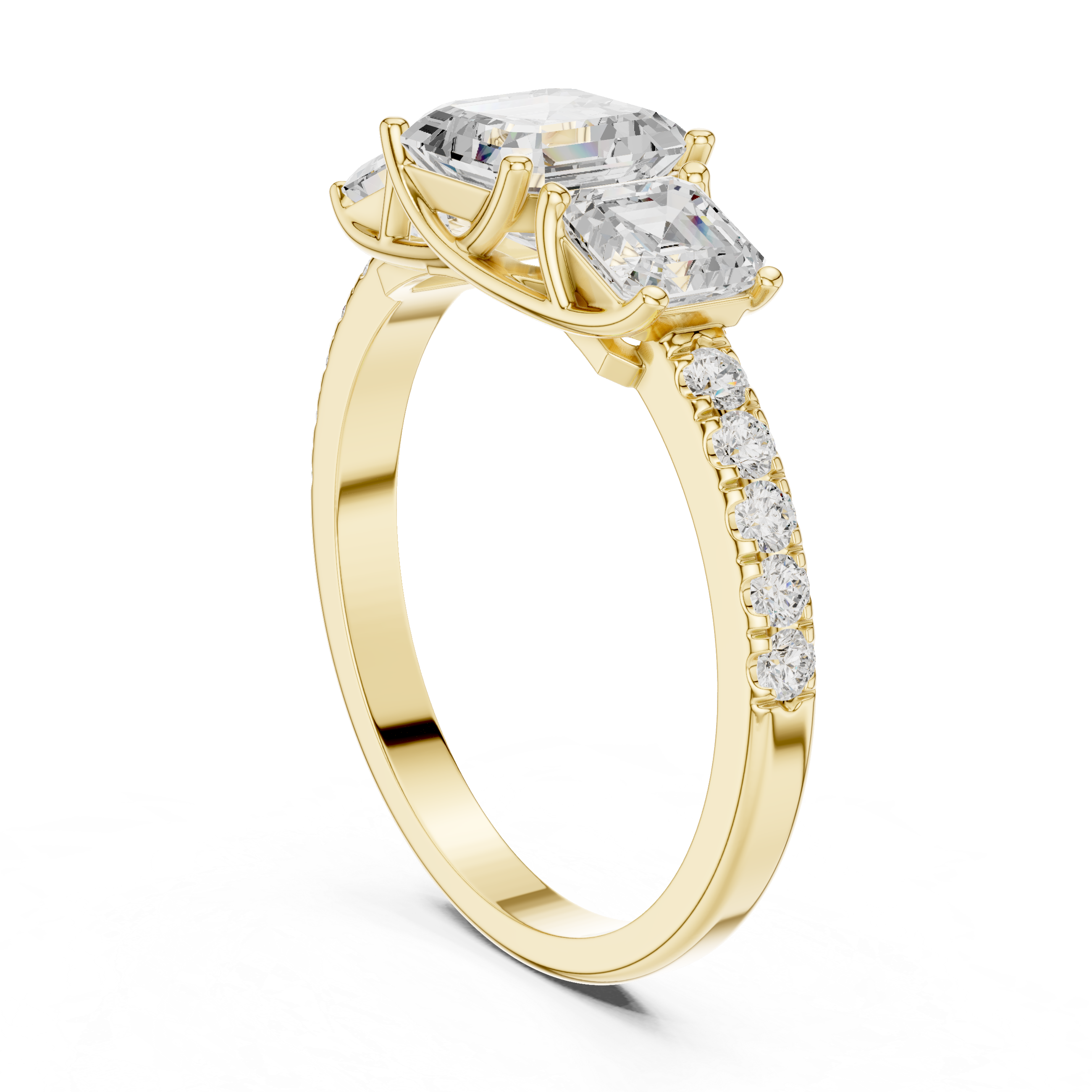 Three Stone Asscher Cut Engagement Ring – Emerald Cut Side Stones with Pavé Diamond Band