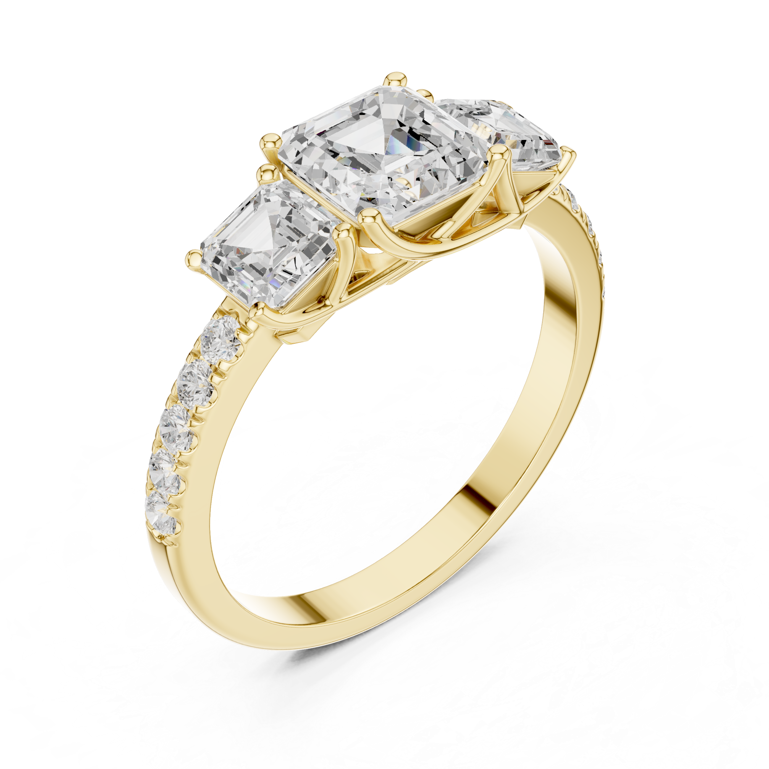 Three Stone Asscher Cut Engagement Ring – Emerald Cut Side Stones with Pavé Diamond Band