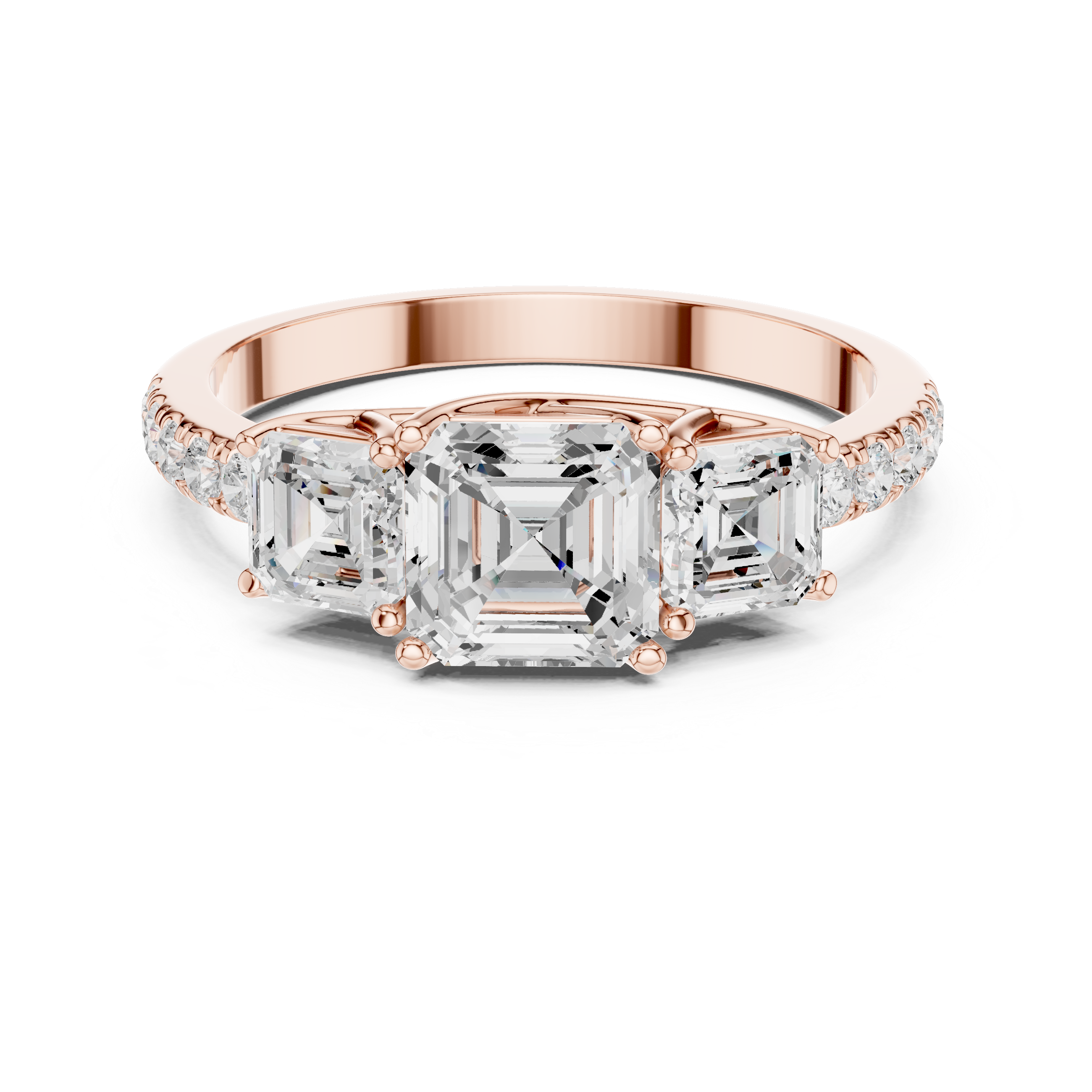 Three Stone Asscher Cut Engagement Ring – Emerald Cut Side Stones with Pavé Diamond Band