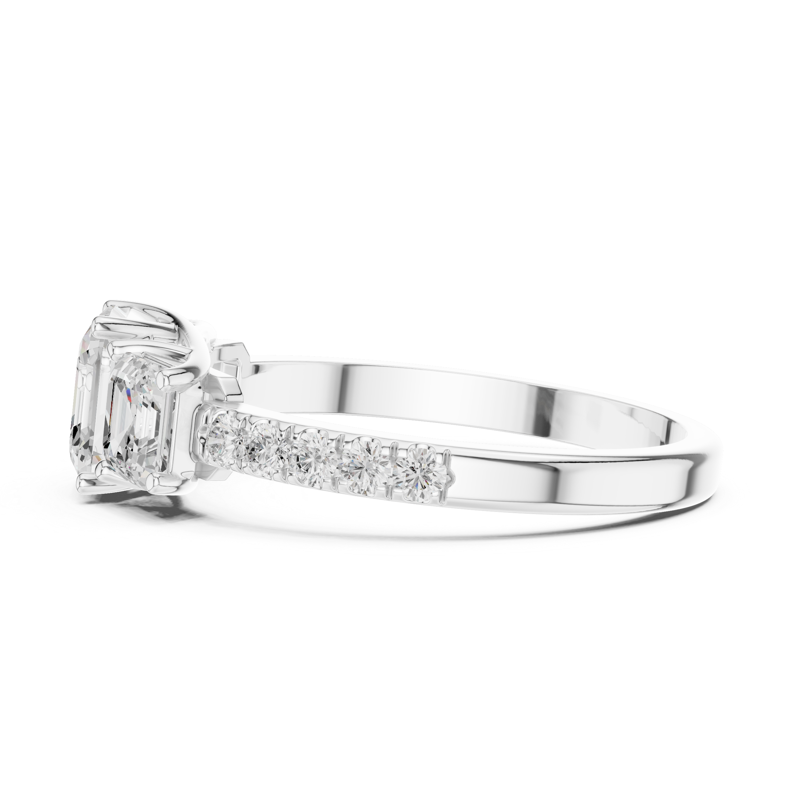 Three Stone Asscher Cut Engagement Ring – Emerald Cut Side Stones with Pavé Diamond Band