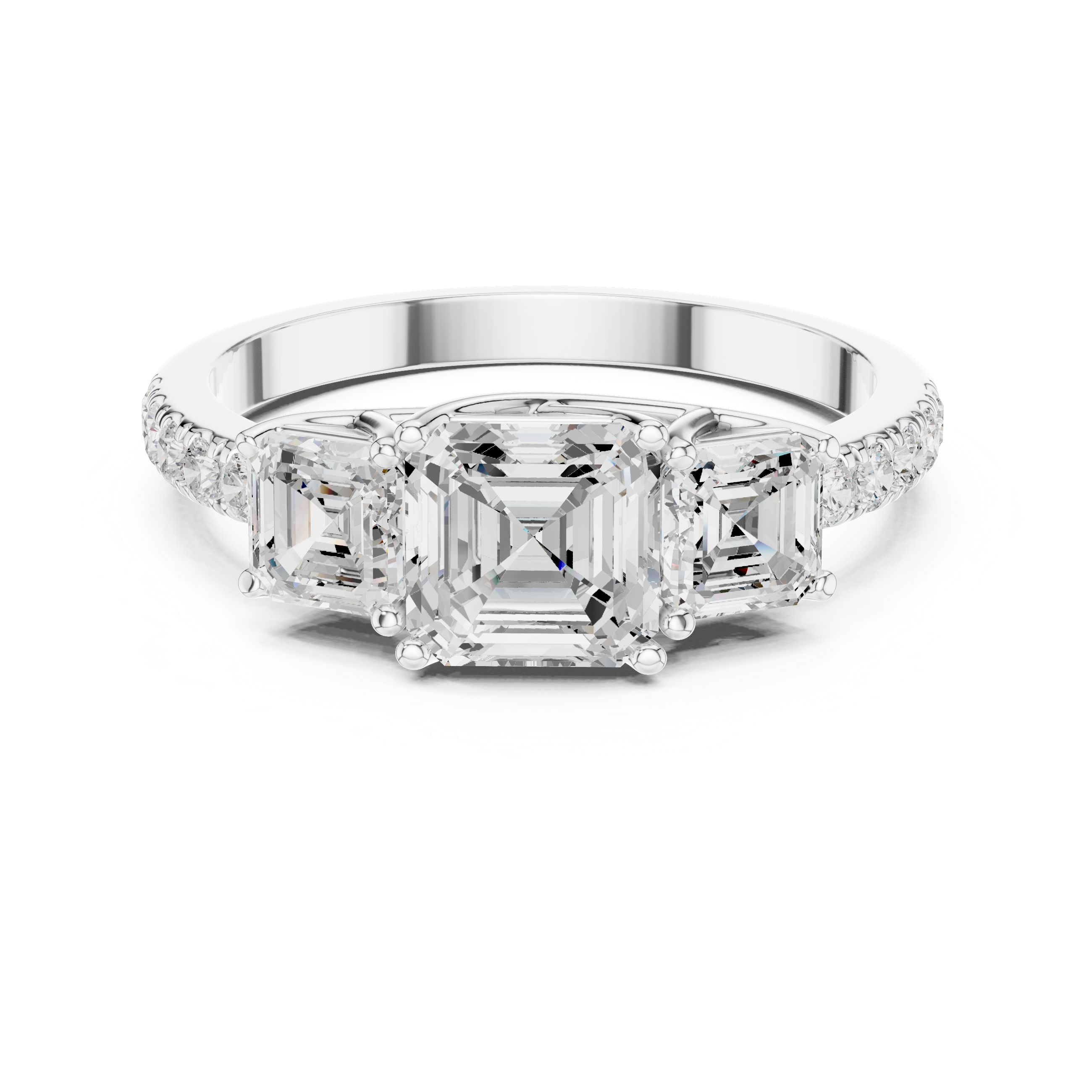 Three Stone Asscher Cut Engagement Ring – Emerald Cut Side Stones with Pavé Diamond Band