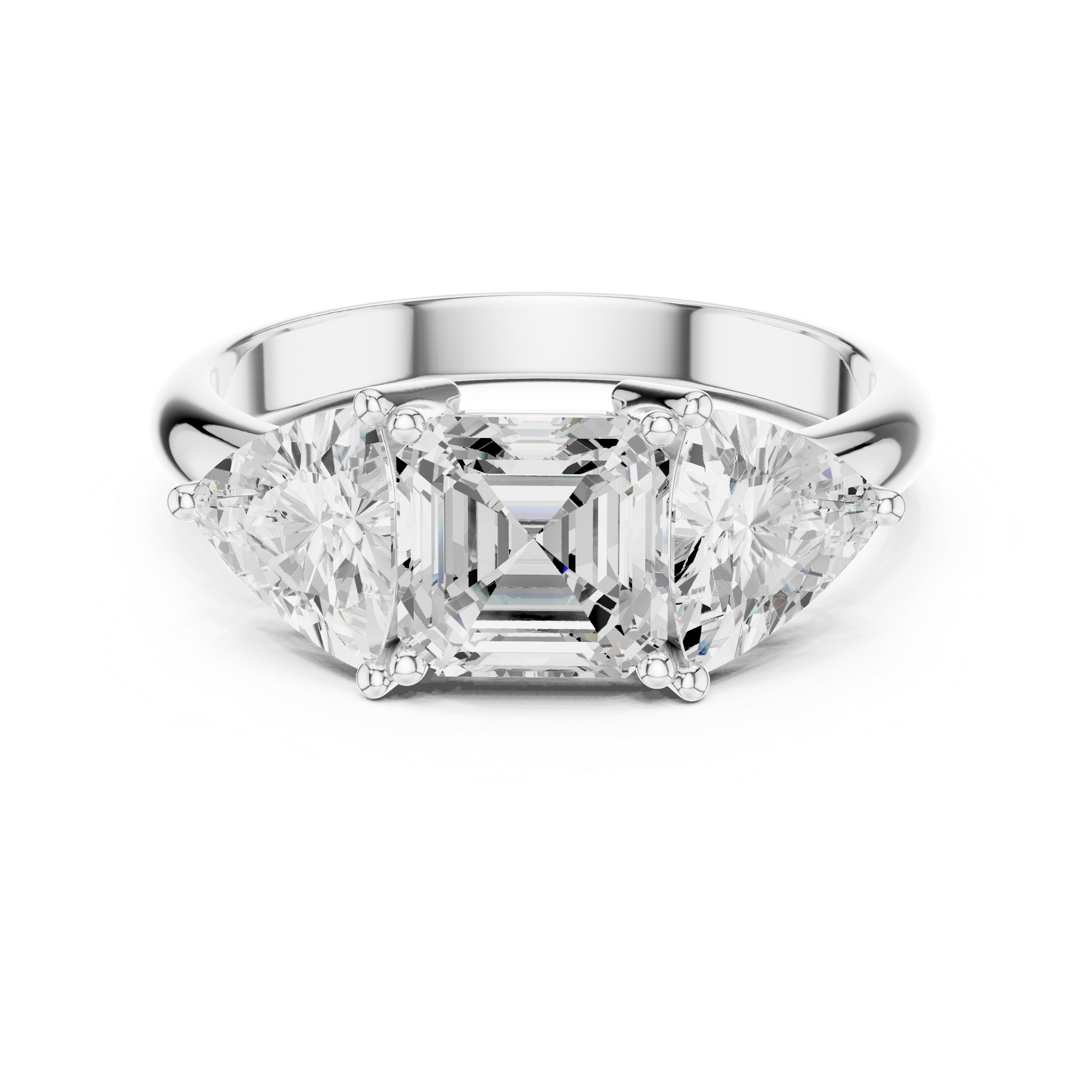 Asscher Cut Three Stone Engagement Ring – Trillion Side Stone Diamond Ring | Vintage Inspired Bridal Ring