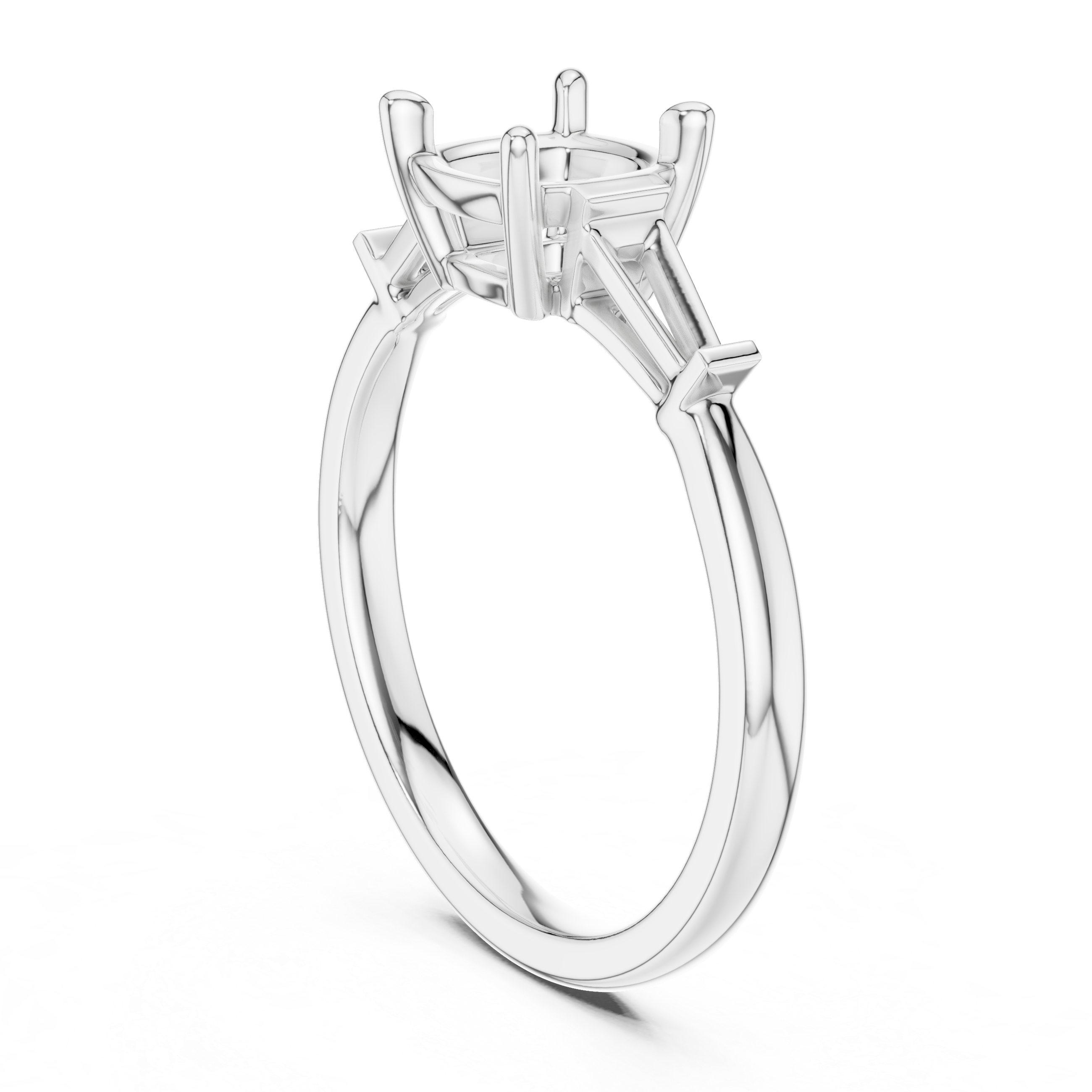 Cushion Cut Three Stone Diamond Engagement Ring with Baguette Side Stones