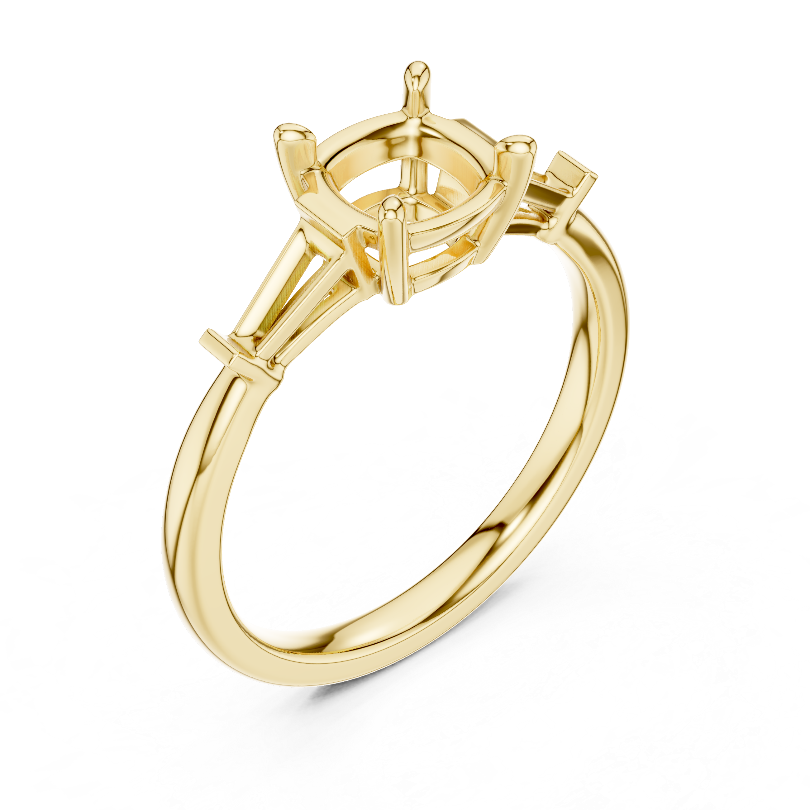 Cushion Cut Three Stone Diamond Engagement Ring with Baguette Side Stones