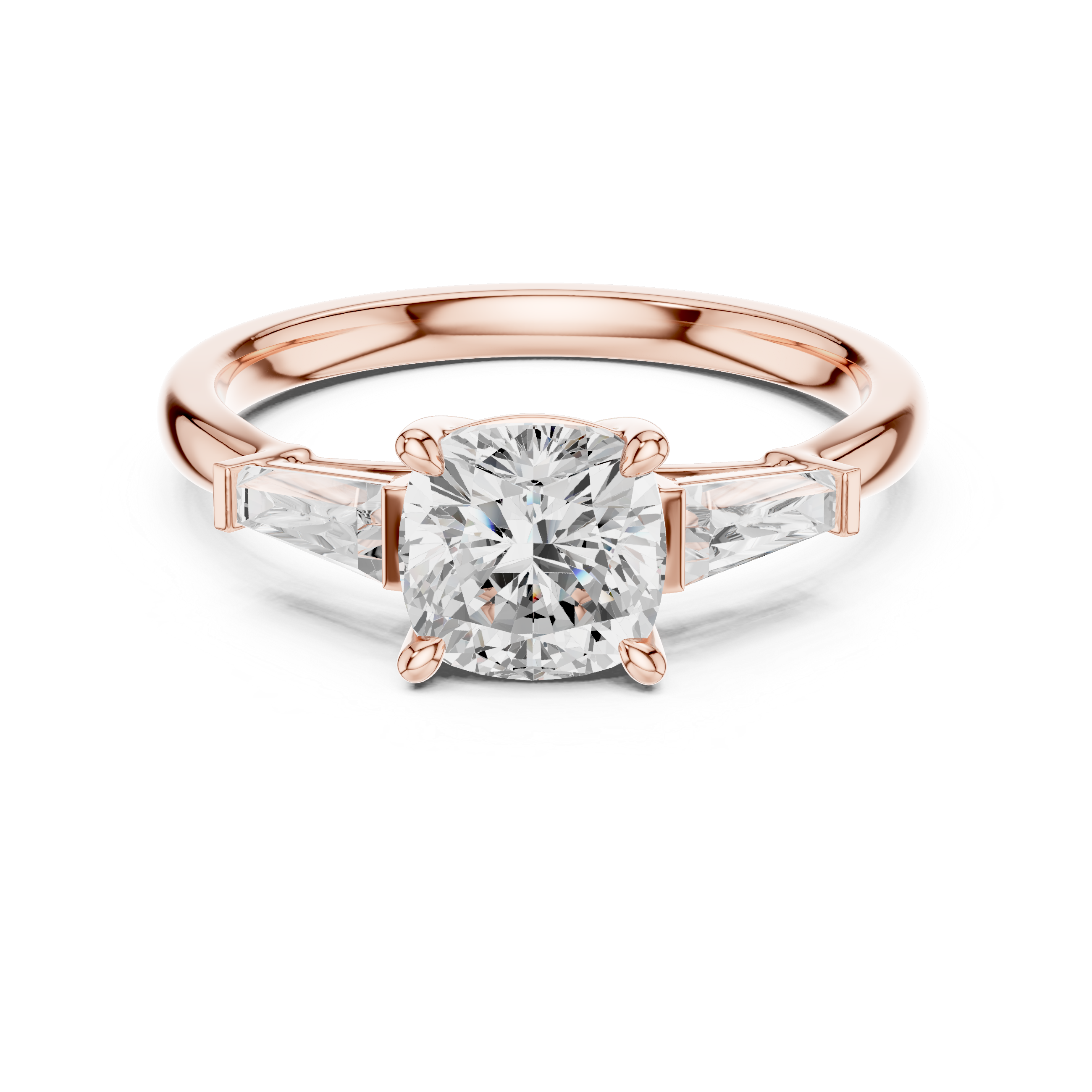 Cushion Cut Three Stone Diamond Engagement Ring with Baguette Side Stones