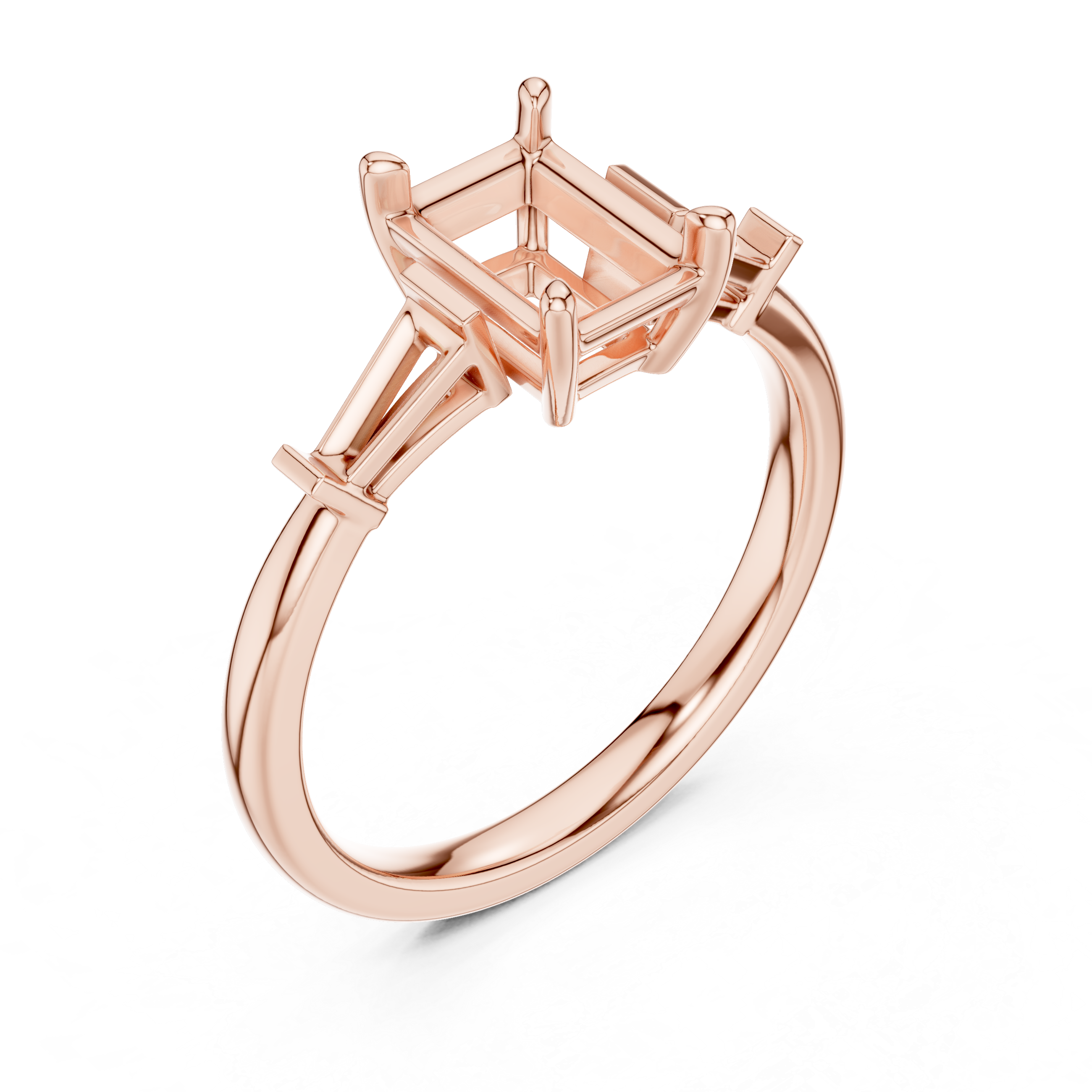 Emerald Cut Three Stone Diamond Engagement Ring with Tapered Baguette Side Stones