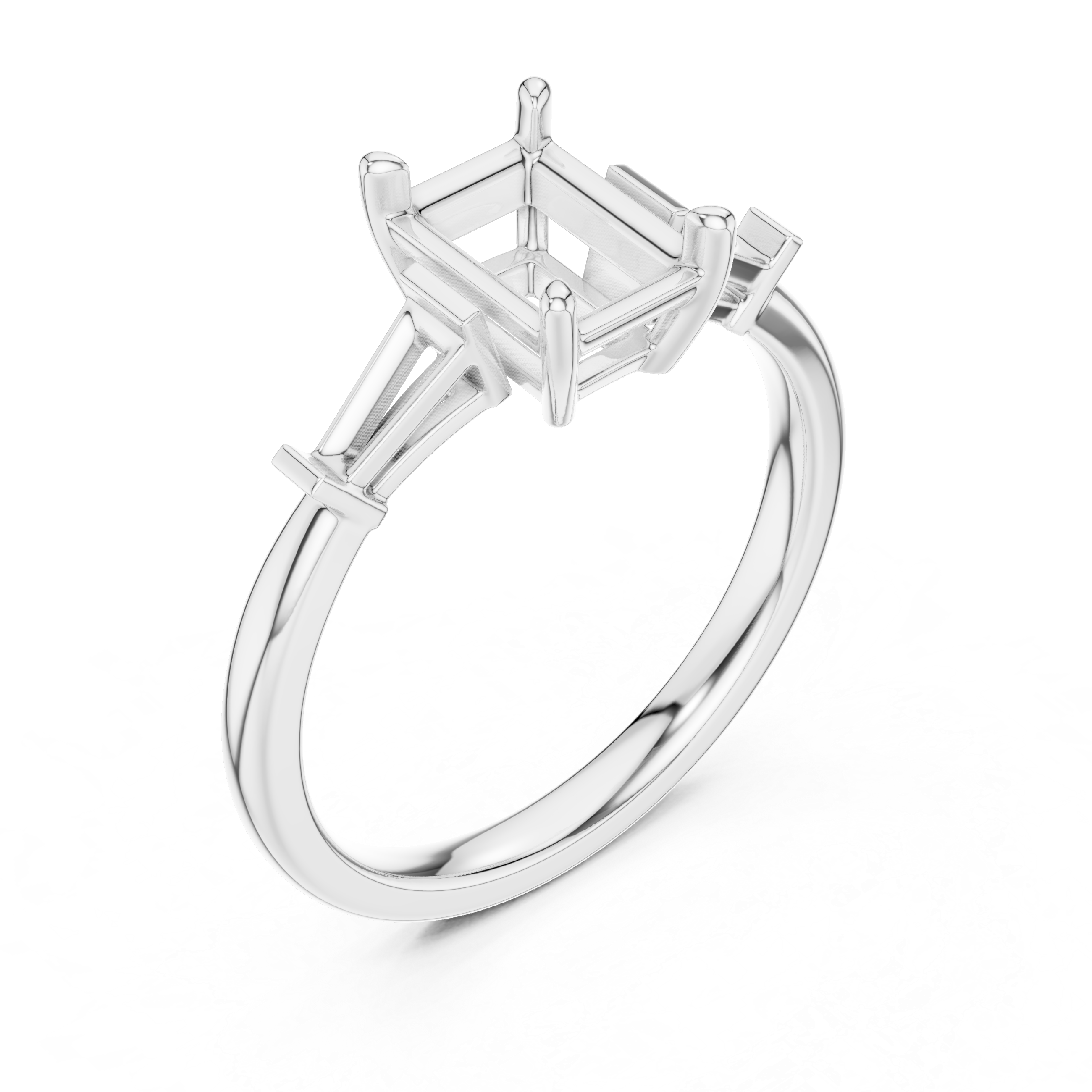 Emerald Cut Three Stone Diamond Engagement Ring with Tapered Baguette Side Stones