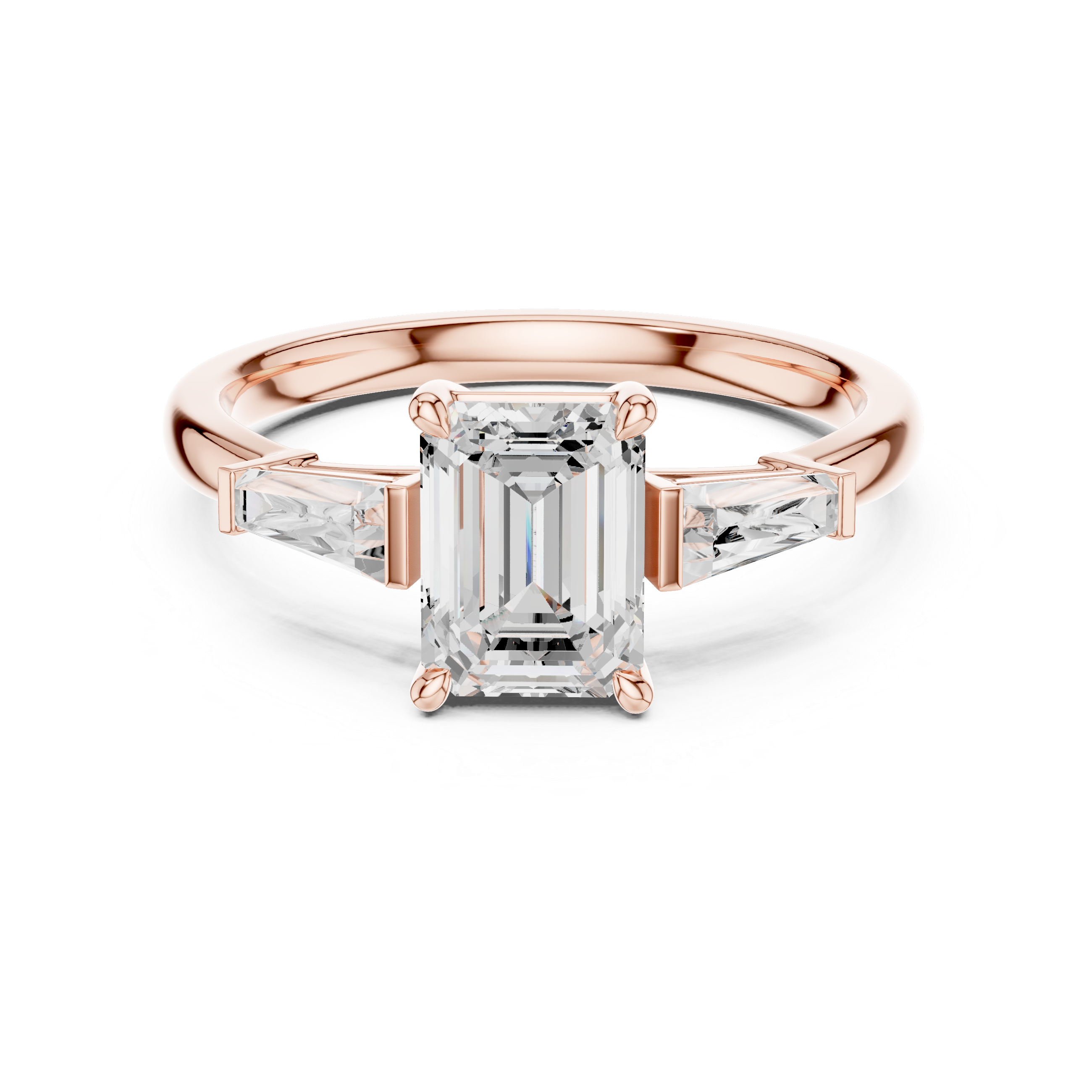 Emerald Cut Three Stone Diamond Engagement Ring with Tapered Baguette Side Stones