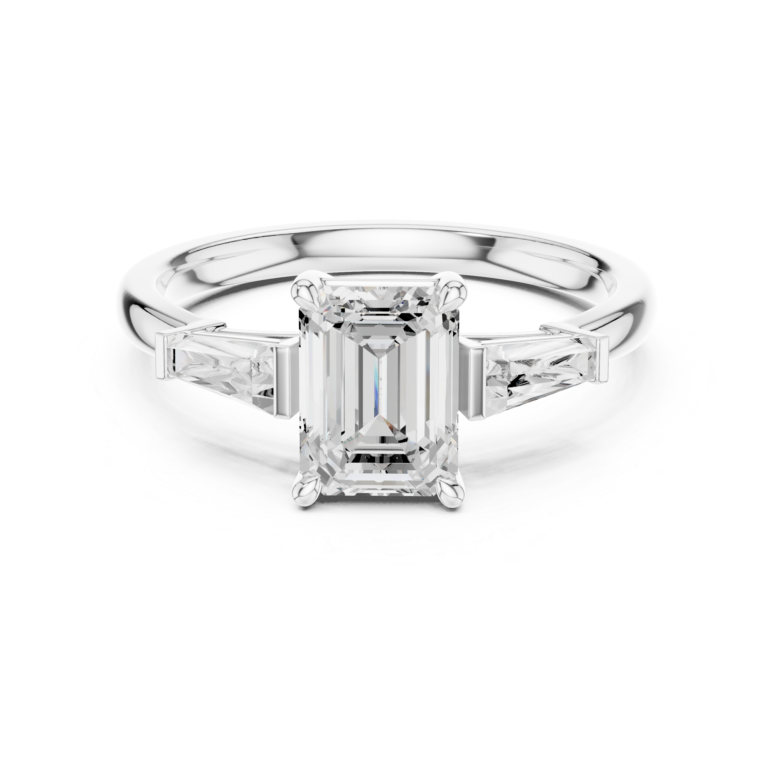 Emerald Cut Three Stone Diamond Engagement Ring with Tapered Baguette Side Stones