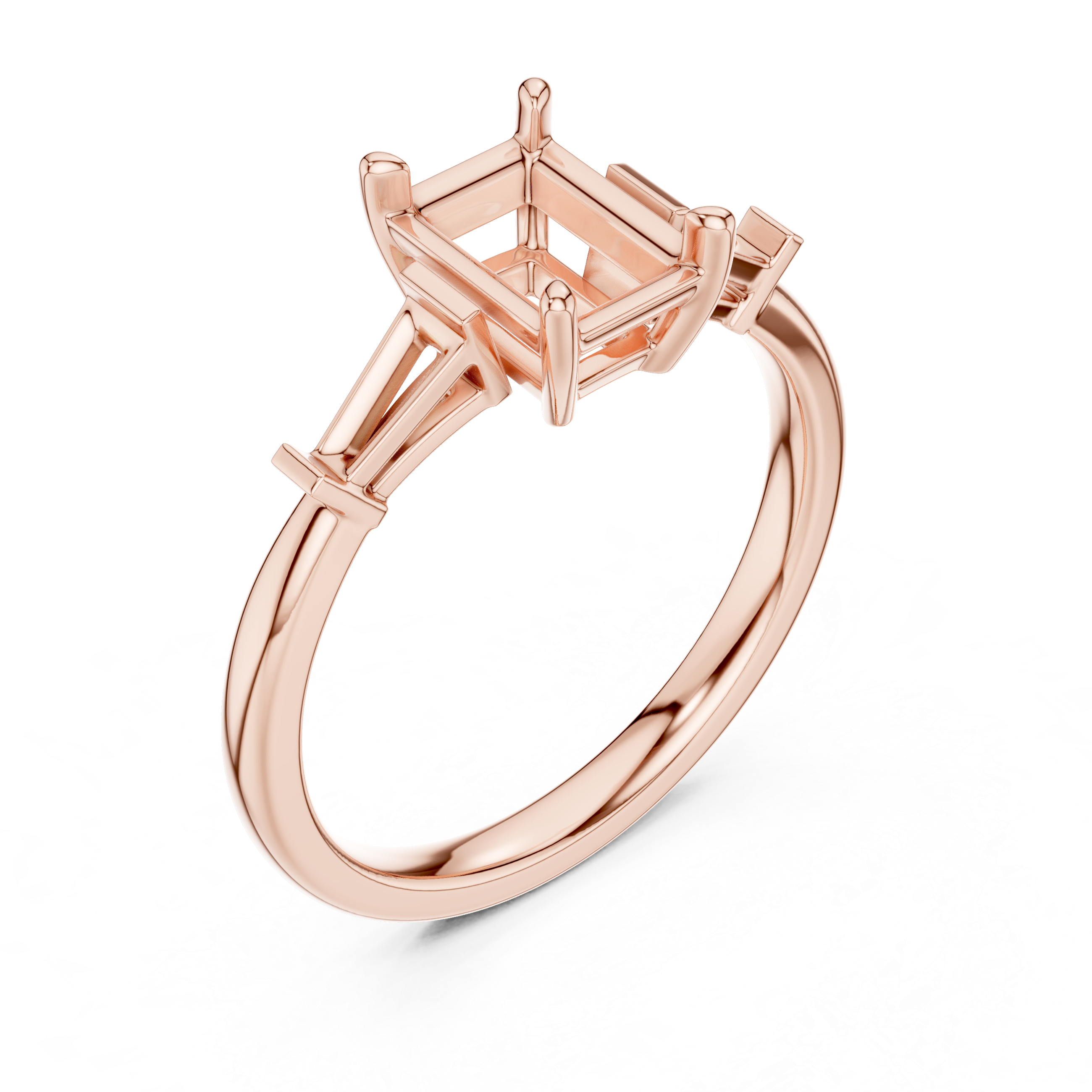Radiant Cut Three Stone Diamond Engagement Ring with Tapered Baguette Side Stones