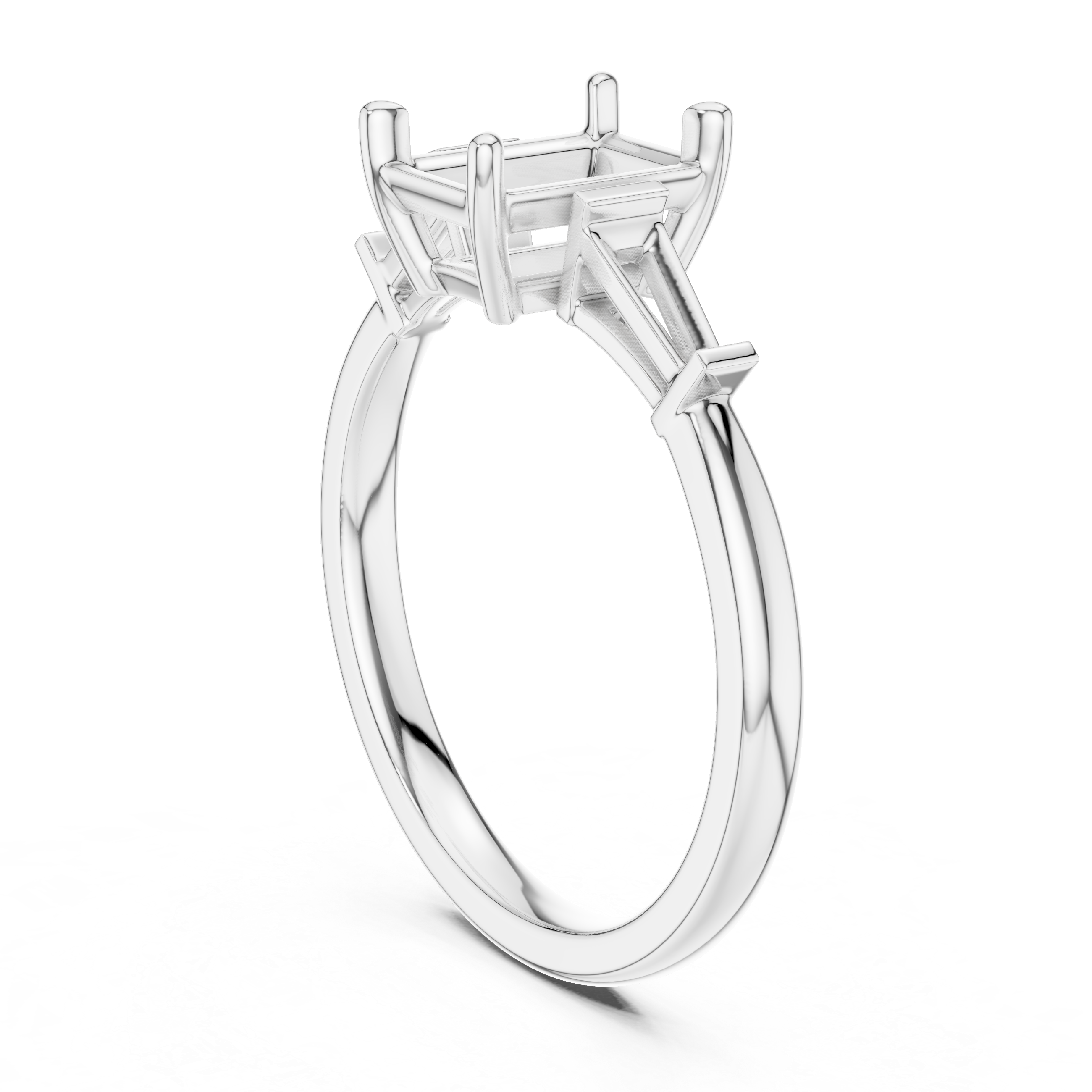 Radiant Cut Three Stone Diamond Engagement Ring with Tapered Baguette Side Stones