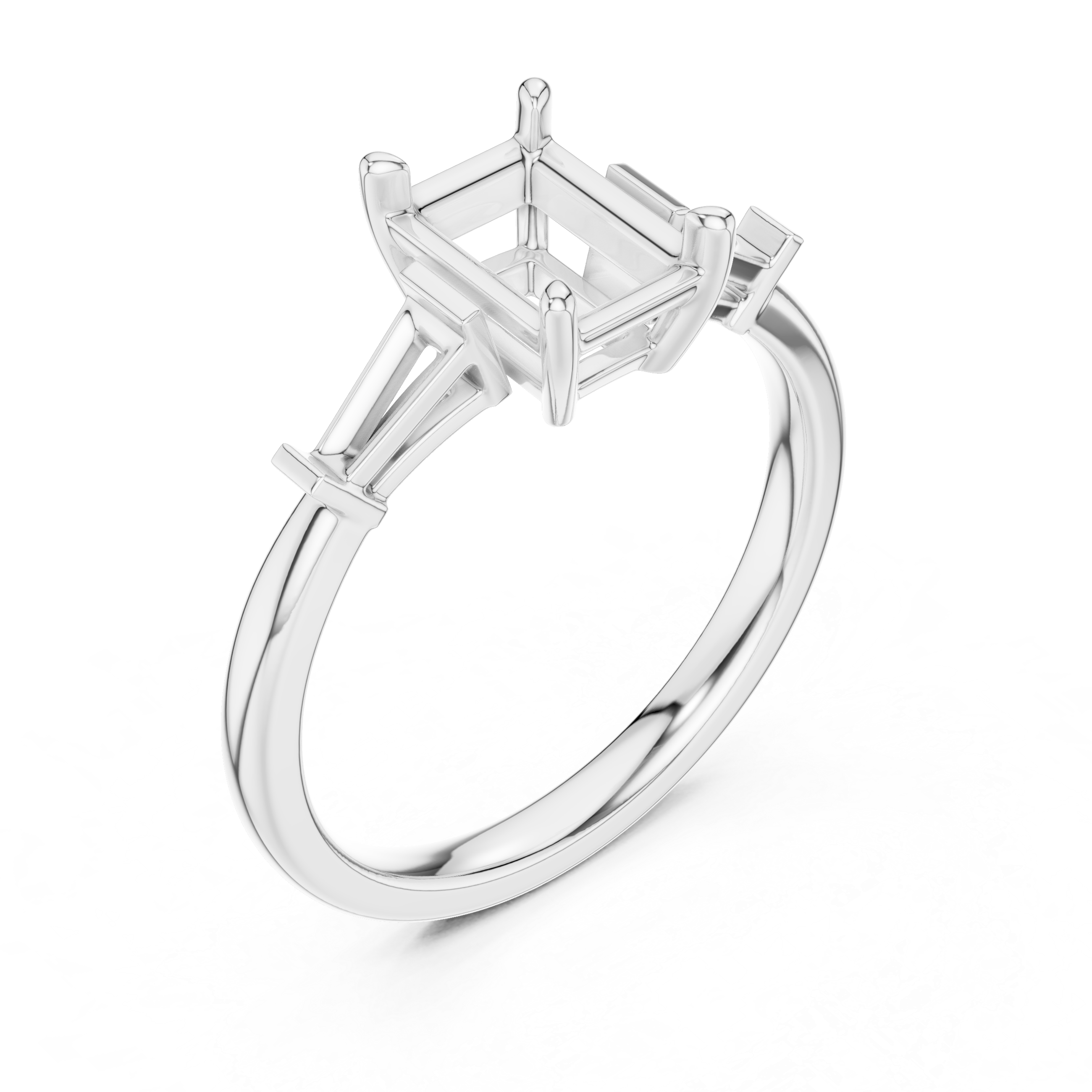 Radiant Cut Three Stone Diamond Engagement Ring with Tapered Baguette Side Stones