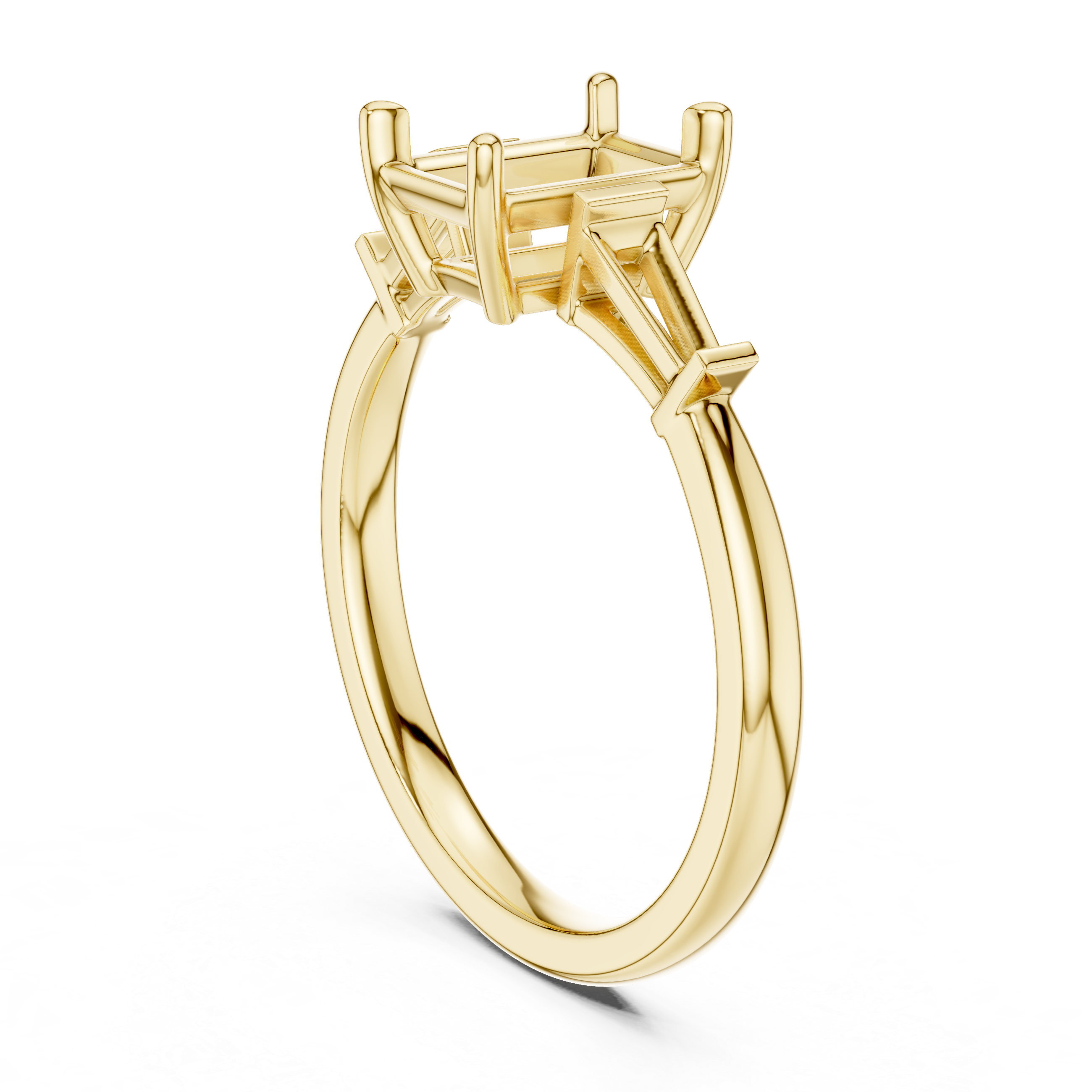 Radiant Cut Three Stone Diamond Engagement Ring with Tapered Baguette Side Stones