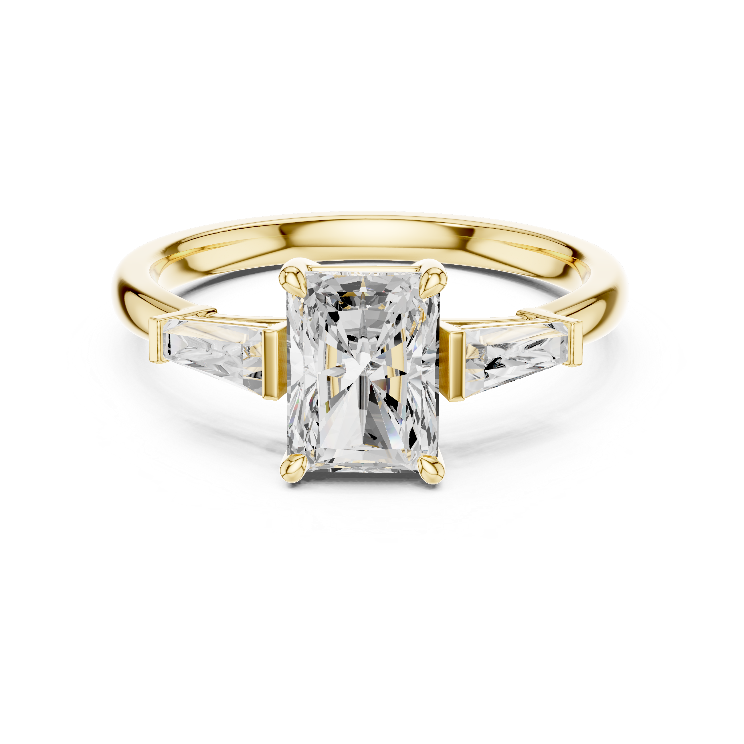 Radiant Cut Three Stone Diamond Engagement Ring with Tapered Baguette Side Stones