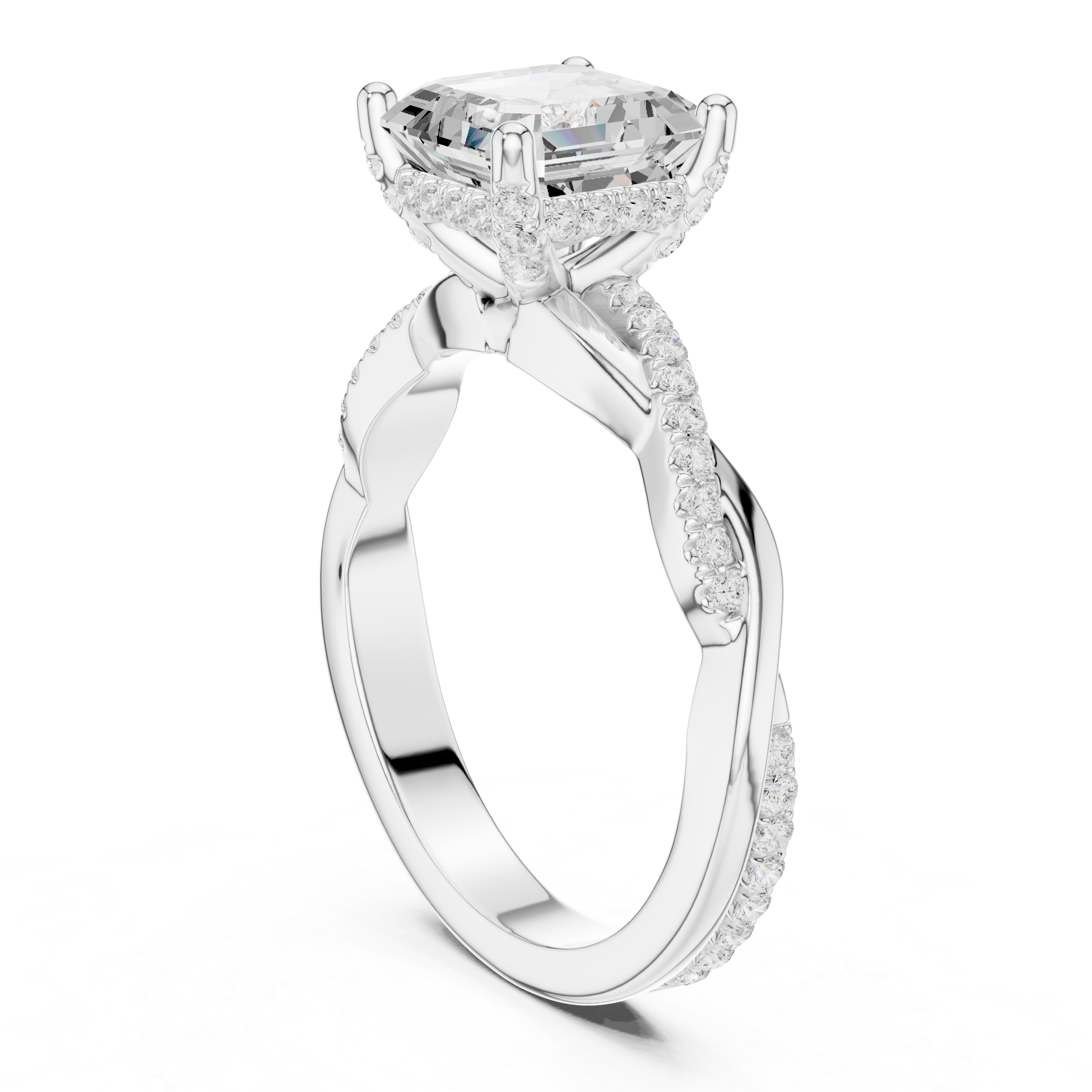 Twisted Pavé Asscher Cut Engagement Ring with Split Shank Design