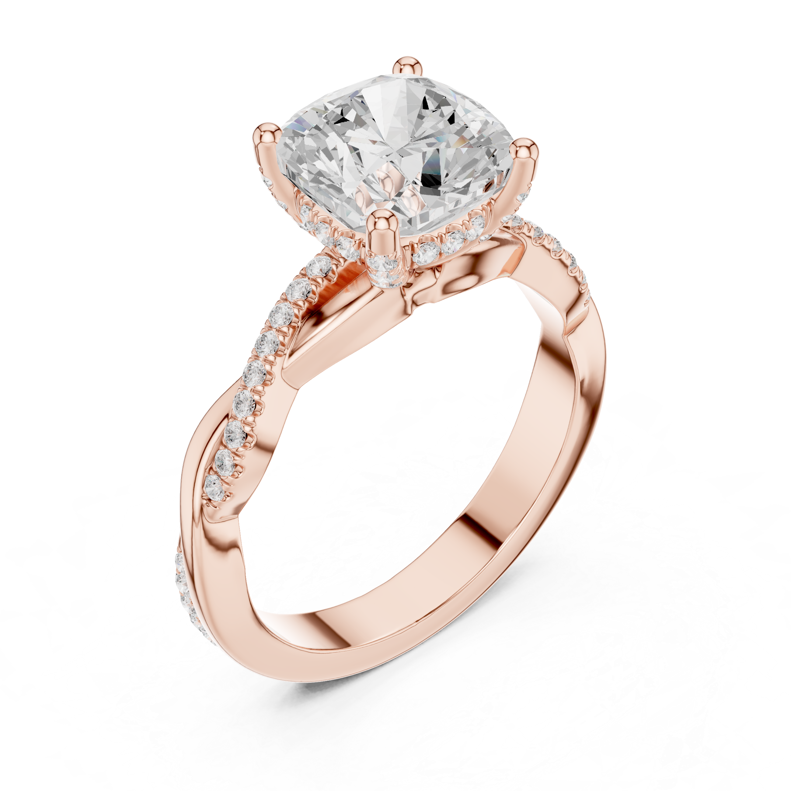 Twisted Pavé Cushion Cut Engagement Ring with Split Shank Design