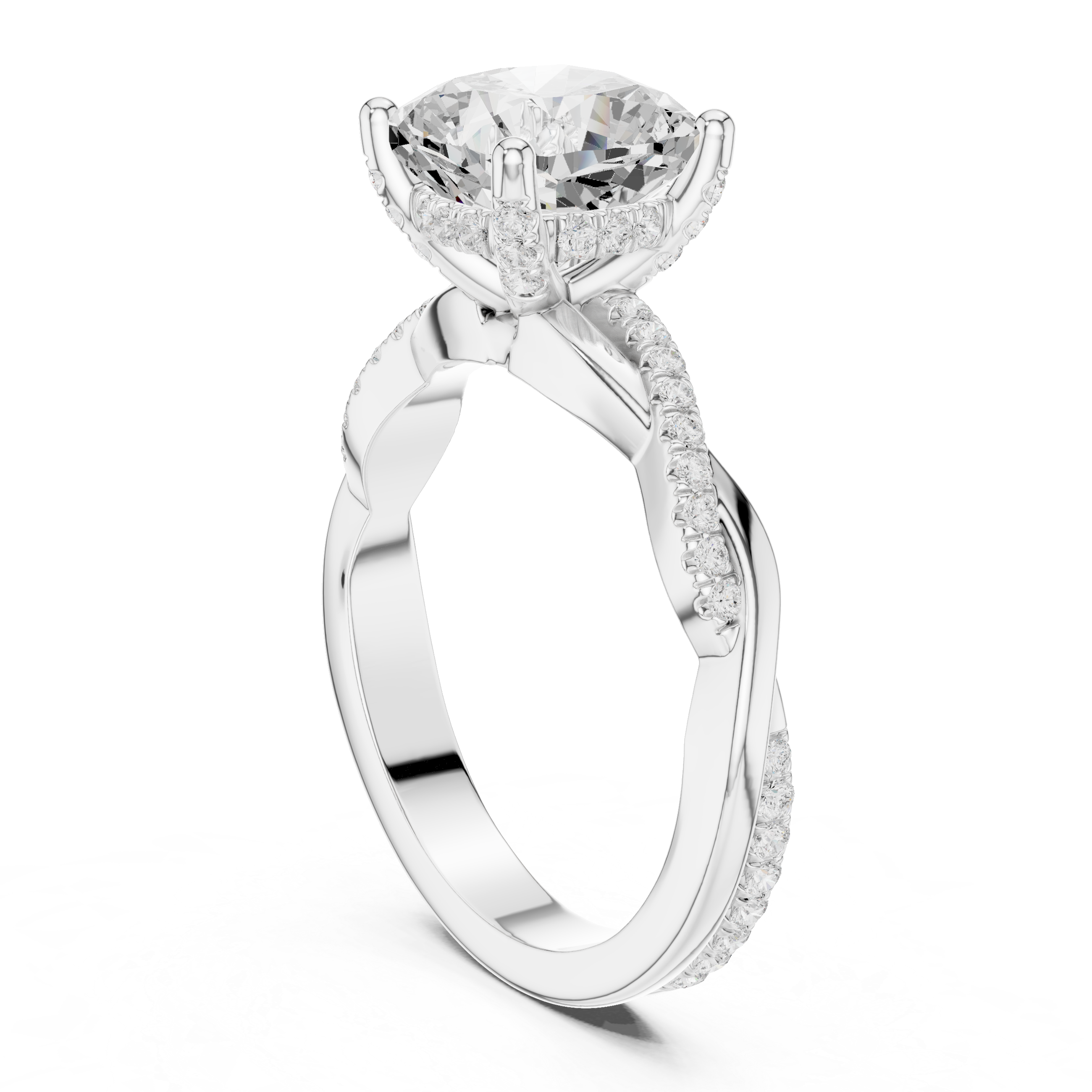 Twisted Pavé Cushion Cut Engagement Ring with Split Shank Design