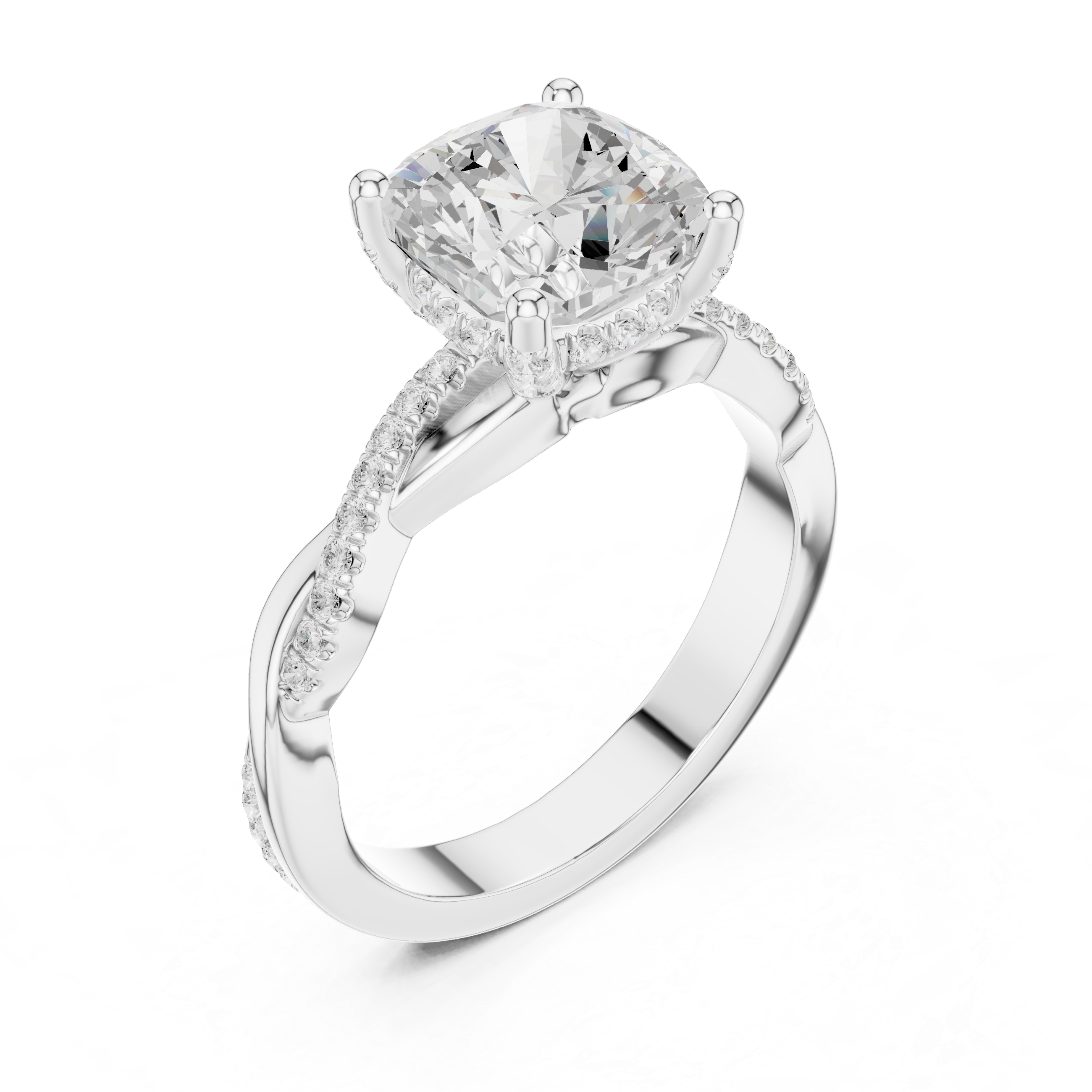 Twisted Pavé Cushion Cut Engagement Ring with Split Shank Design